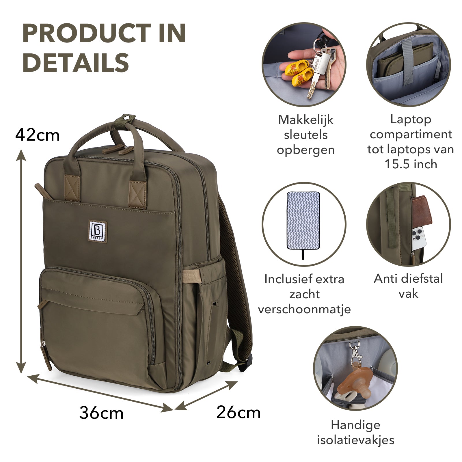 Brisby slijtvaste Luiertas – verzorgingstas – met buggymontage - Olive Green