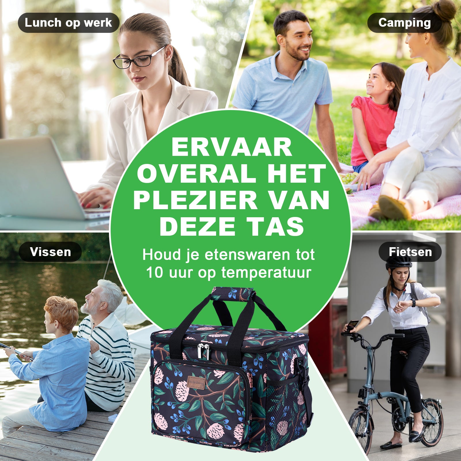 Cooler bag 15L passion flower - lunch bag - 4-layer insulated - foldable - incl. 2 free cooling elements and carrying strap