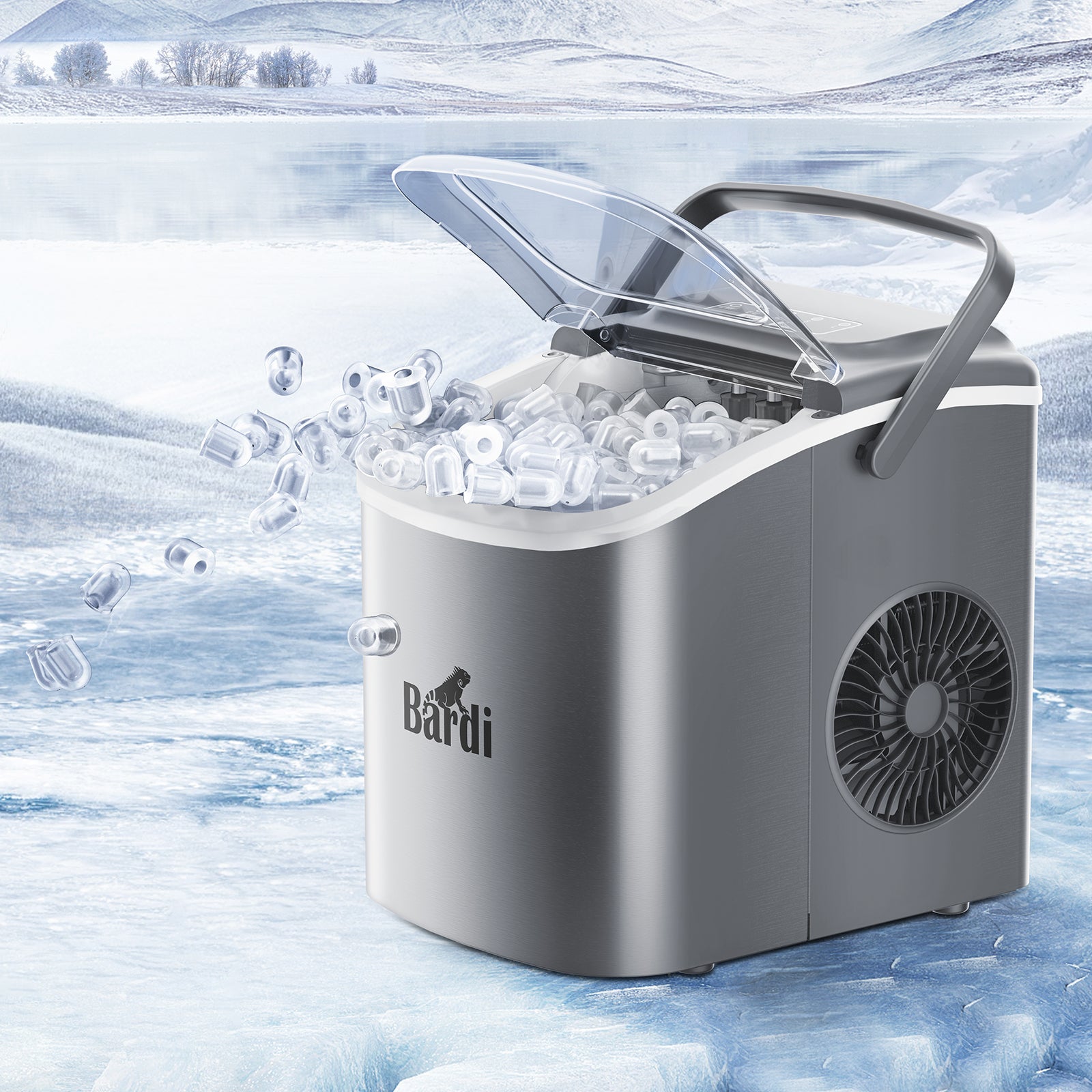 Bardi Deluxe Ice Cube Machine 1.2L Stainless Steel - Self-cleaning function - Ice cube maker with ice scoop - Incl. luxury thermos cup and ice scoop