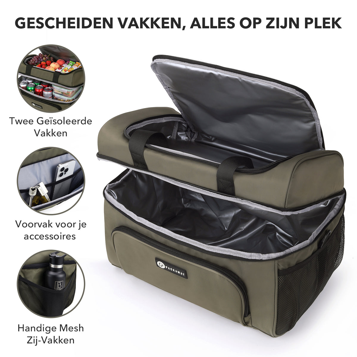 Packaway Koeltas 30L - Lunchtas - Inclusief 4 Koelelementen - Dubbel Compartiment - 4-Laags Geïsoleerd - Waterafstotend - Olive Green