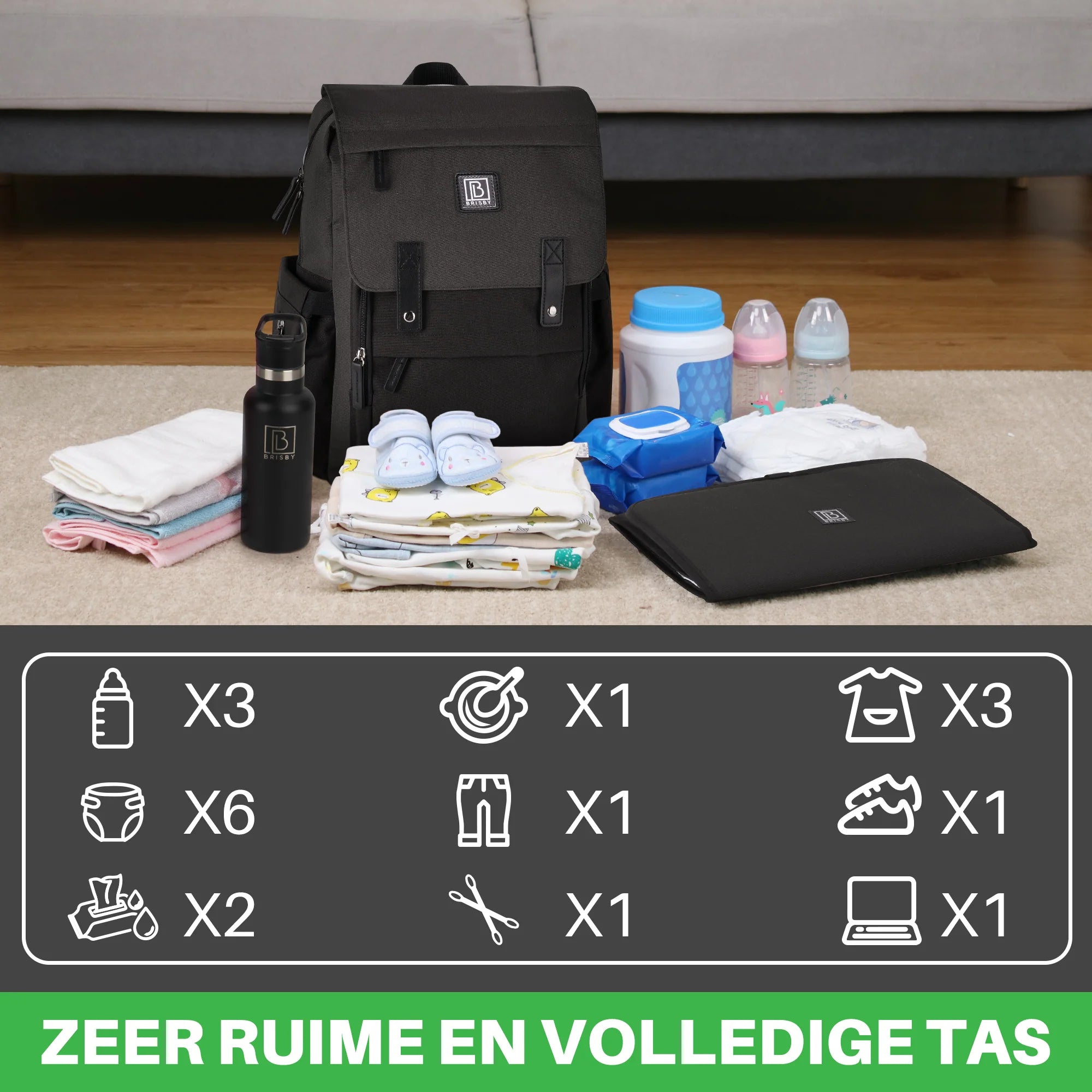 Two-tone slijtvaste luiertas grijs en zwart - verzorgingstas - incl. buggymontage en verschoningsmat