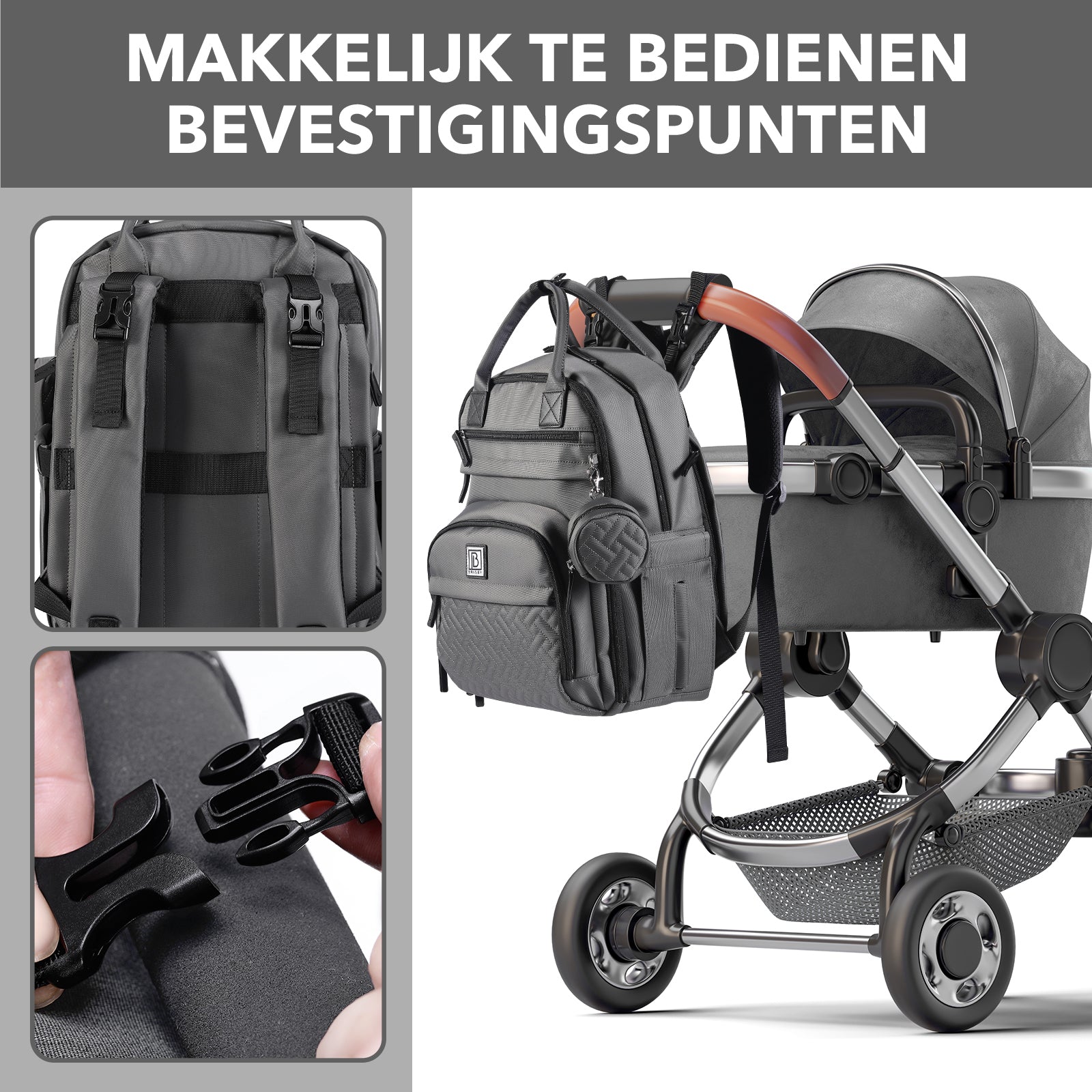 Premium luiertas donkergrijs - uitgebreide en functionele verzorgingstas - met buggymontage - anti diefstal vakken - reistrolley sleeve - incl. verschoonmatje en speenhouder - levenslange garantie