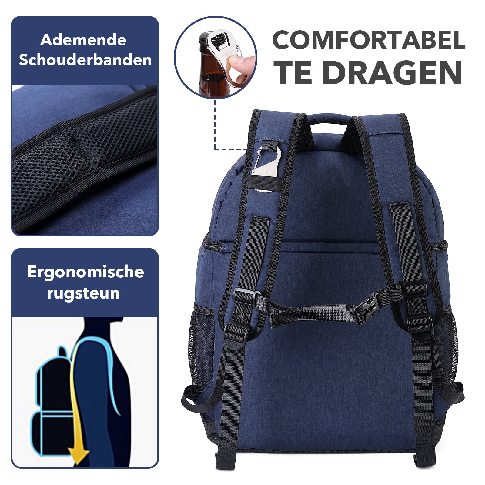 Brisby Koeltas 25L blauw - rugzak - 4-laags geïsoleerd - waterafstotend - incl. 2 gratis koelelementen en bieropener