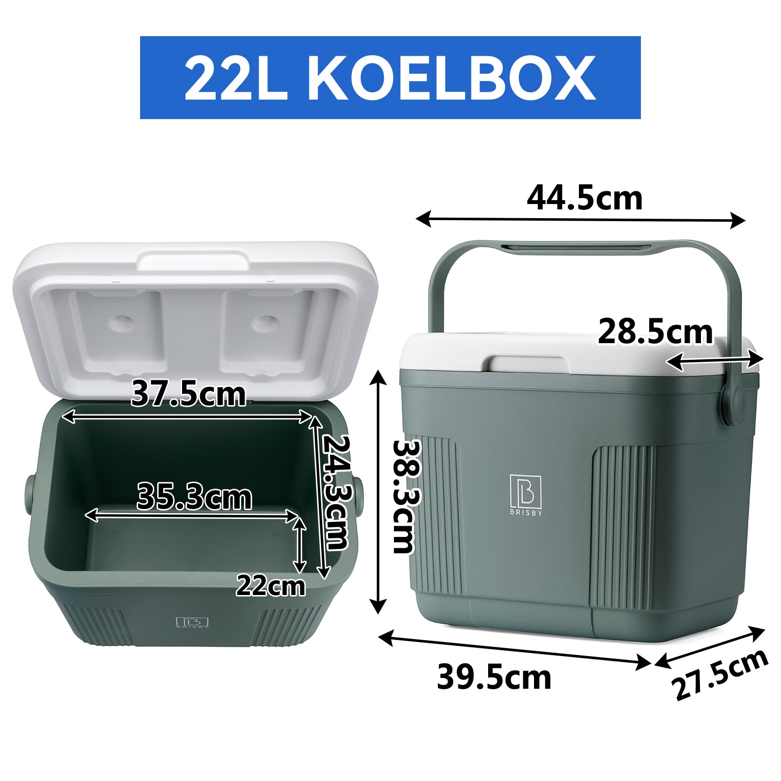 Koelbox 22L groen - Tot maximaal 40 uur isolatie - incl. 4 450ml koelelementen - temperatuur veilige sluiting - koelelementen vergrendeld in deksel