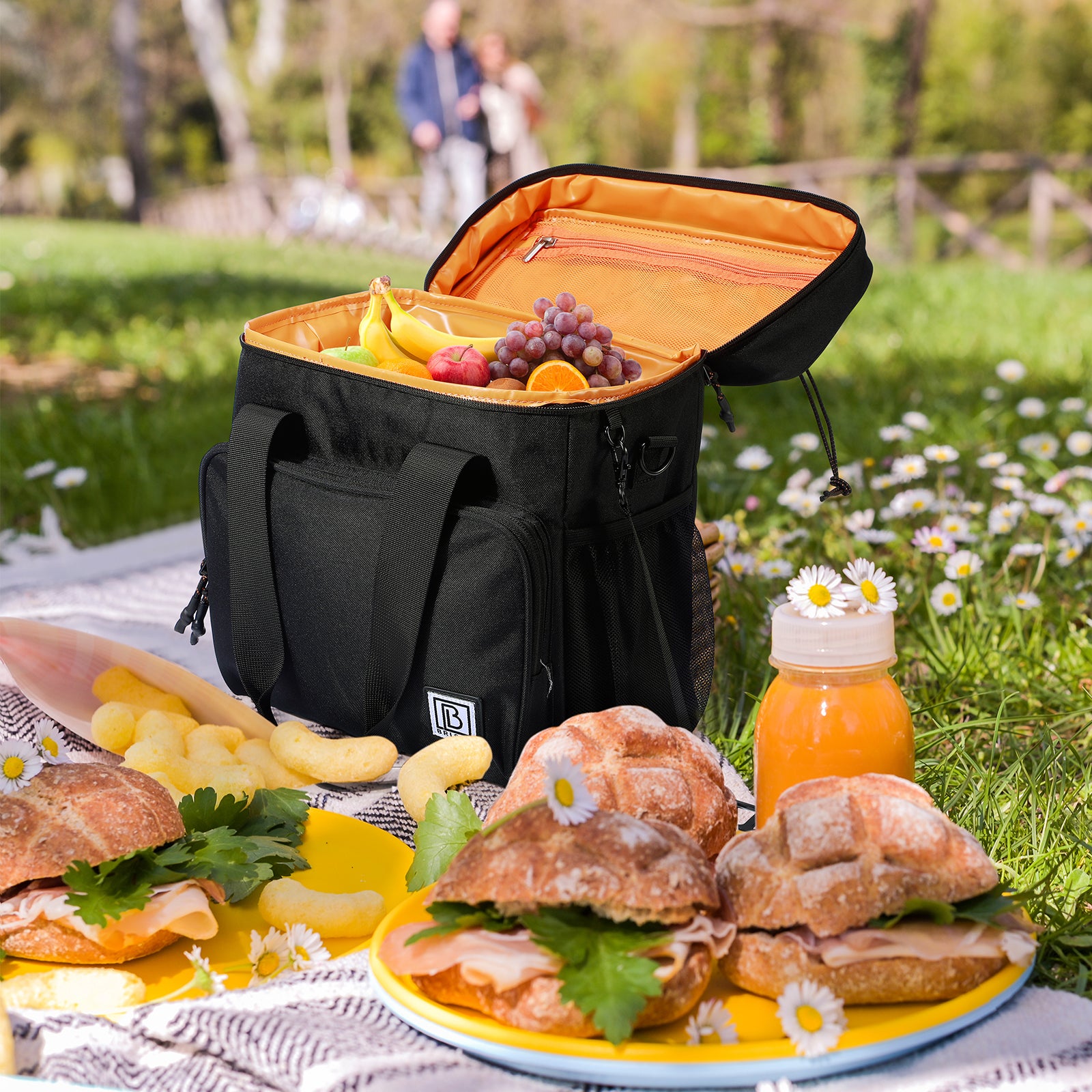 Cooler bag 15L black with orange interior - Lunch bag - 4-layer insulated - 2 free cooling elements - incl. shoulder strap