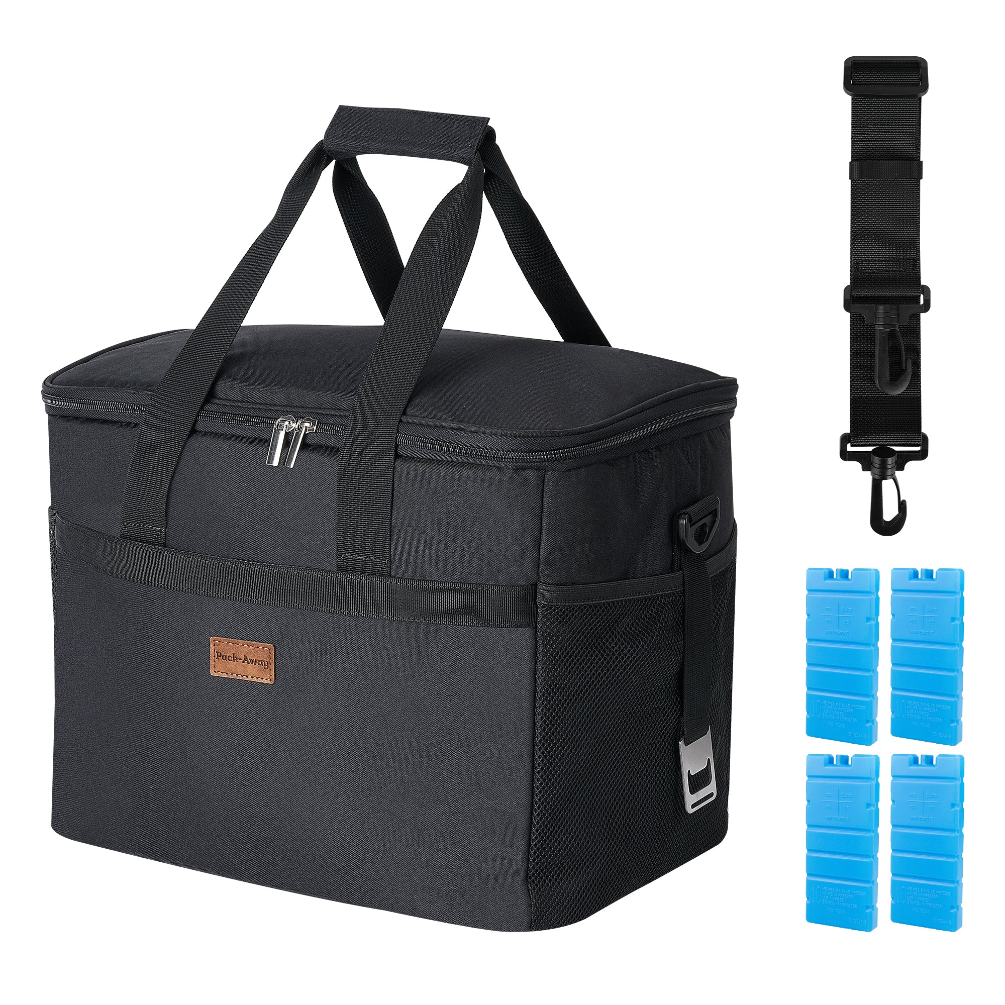 Cooler bag 30L black - lunch bag - foldable - 4-layer insulated - incl. 4 free cooling elements, divider and carrying strap