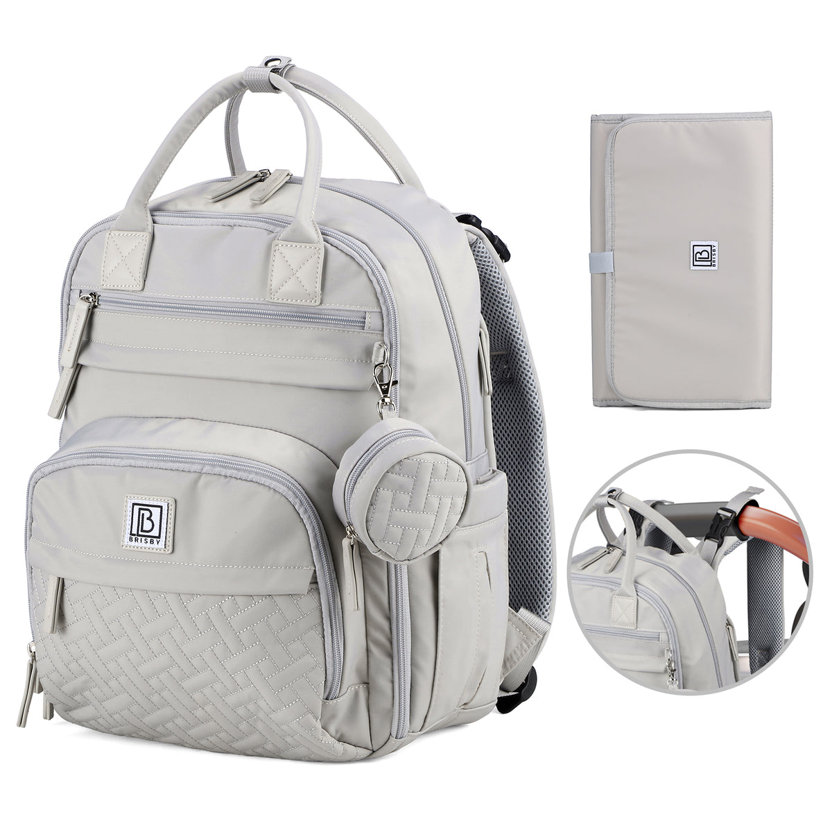 Brisby Premium Luiertas – Uitgebreide en Functionele Verzorgingstas – met buggymontage – Anti Diefstal Vakken - Reistrolley Sleeve - Inclusief verschoonmatje t.w.v.15,99 euro en speenhouder - Levenslange Garantie -Modern Grey