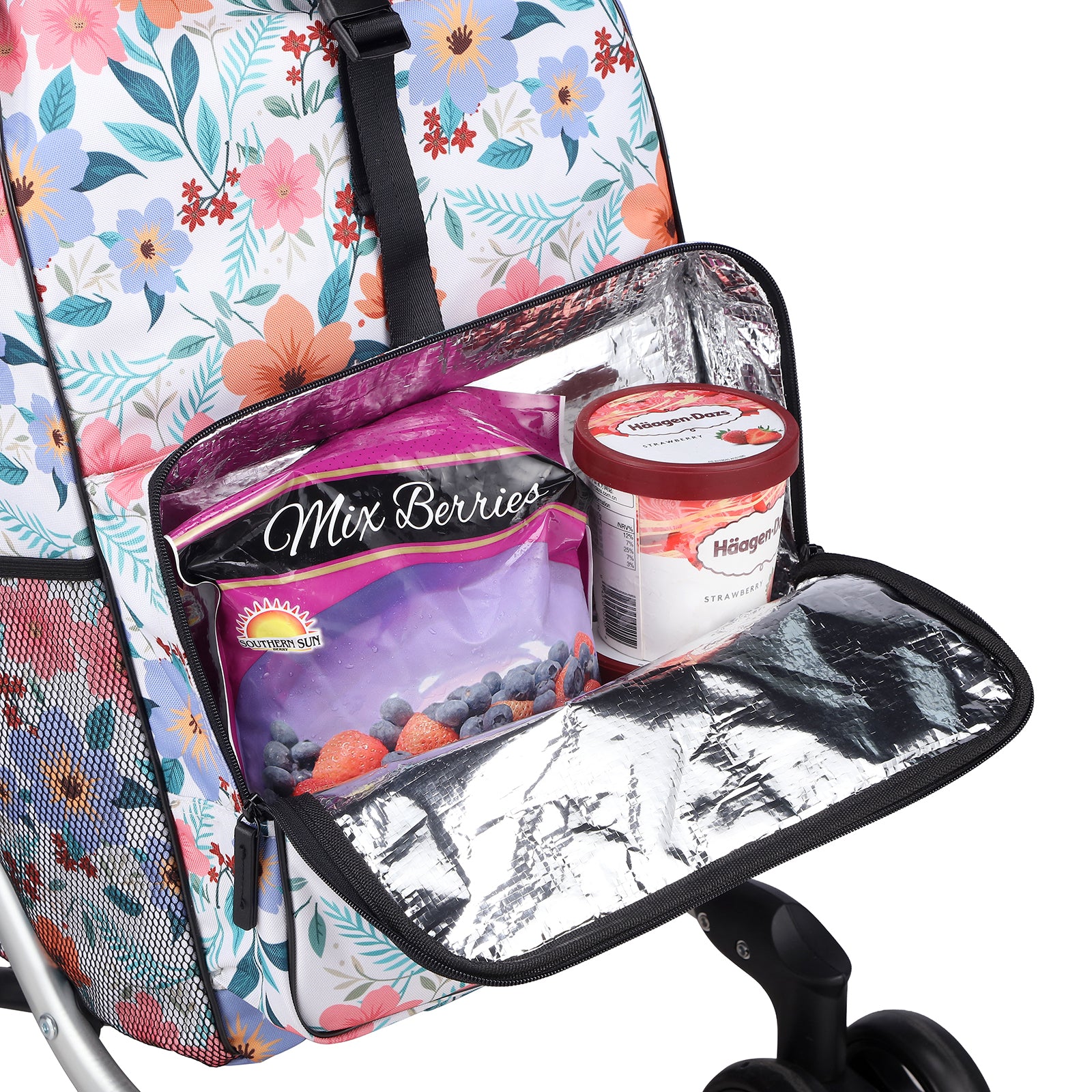 Packaway Boodschappentrolley met 4 wielen - boodschappenwagen deluxe met koelvak en verstelbaar handvat – 60 liter – Pastel Blossom
