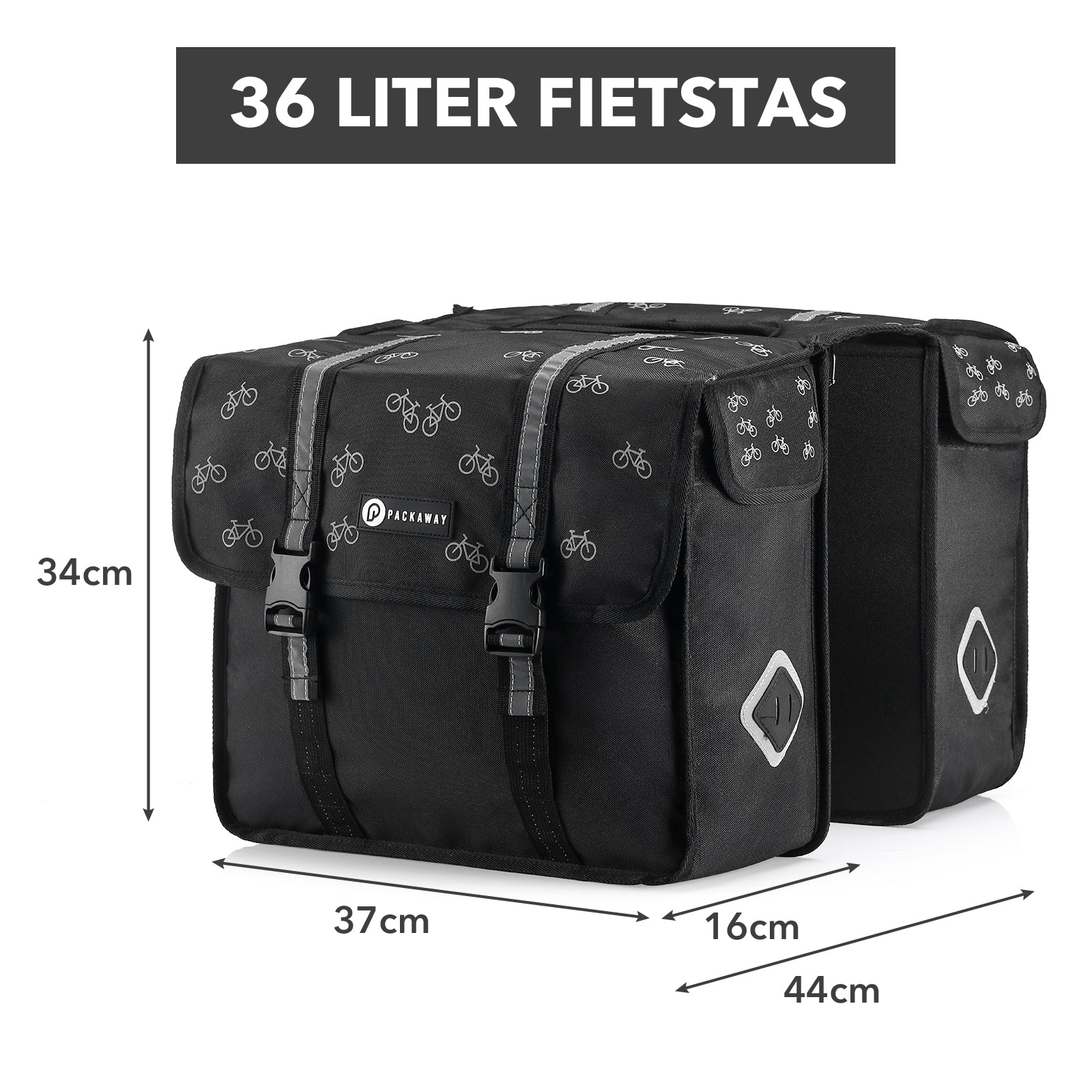 Packaway Dubbele Fietstassen 36L fietspatroon - waterdicht - reflectie