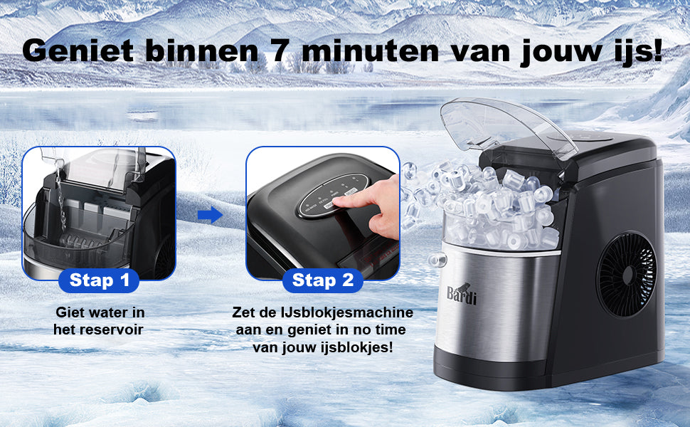 Bardi Deluxe Ice Cube Machine 1.6L black stainless steel - Self-cleaning function - ice cube maker with ice scoop - Incl. luxury thermos cup and ice scoop
