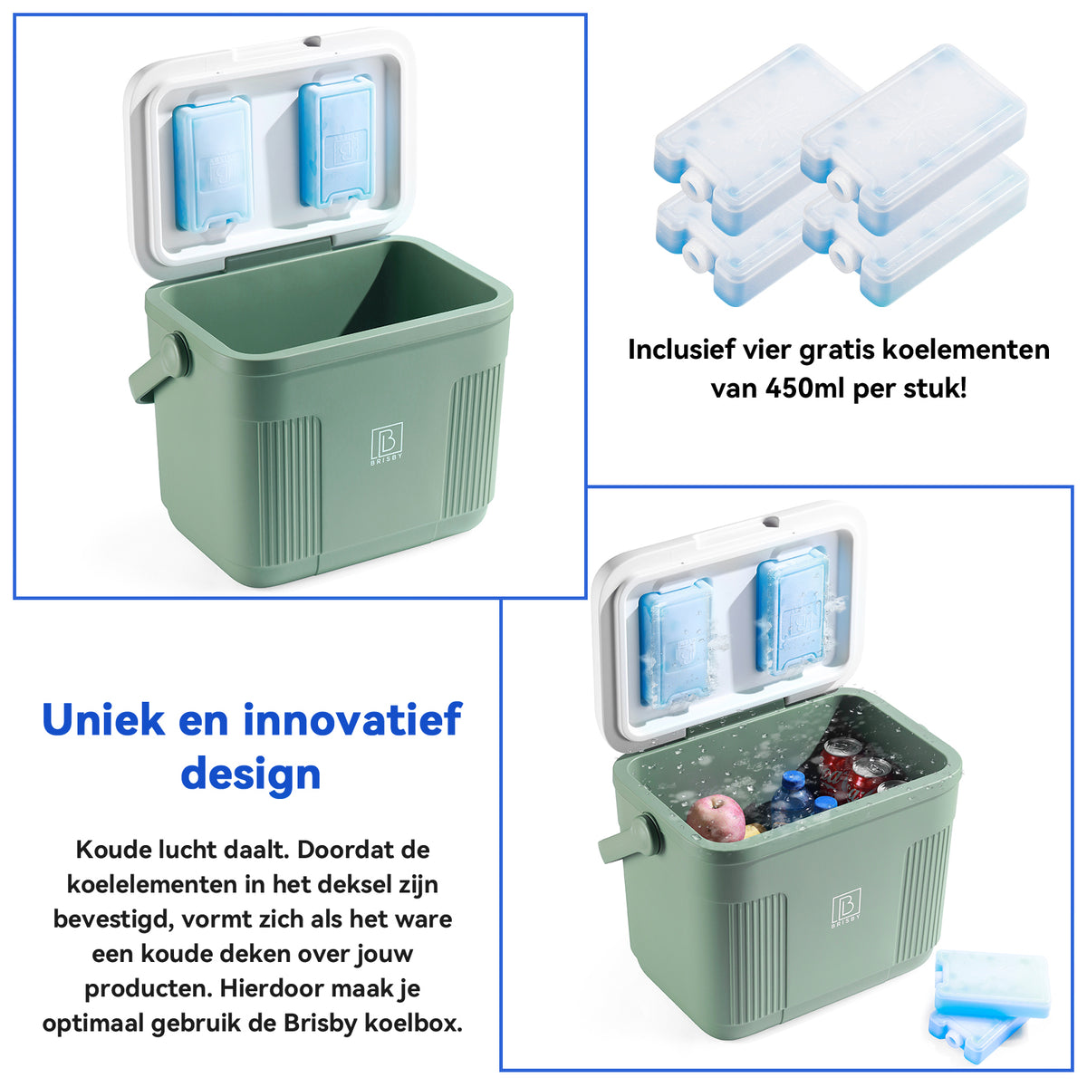Brisby Koelbox 22L groen + 3-delige vershoudbakjes set - incl. 4 koelelementen
