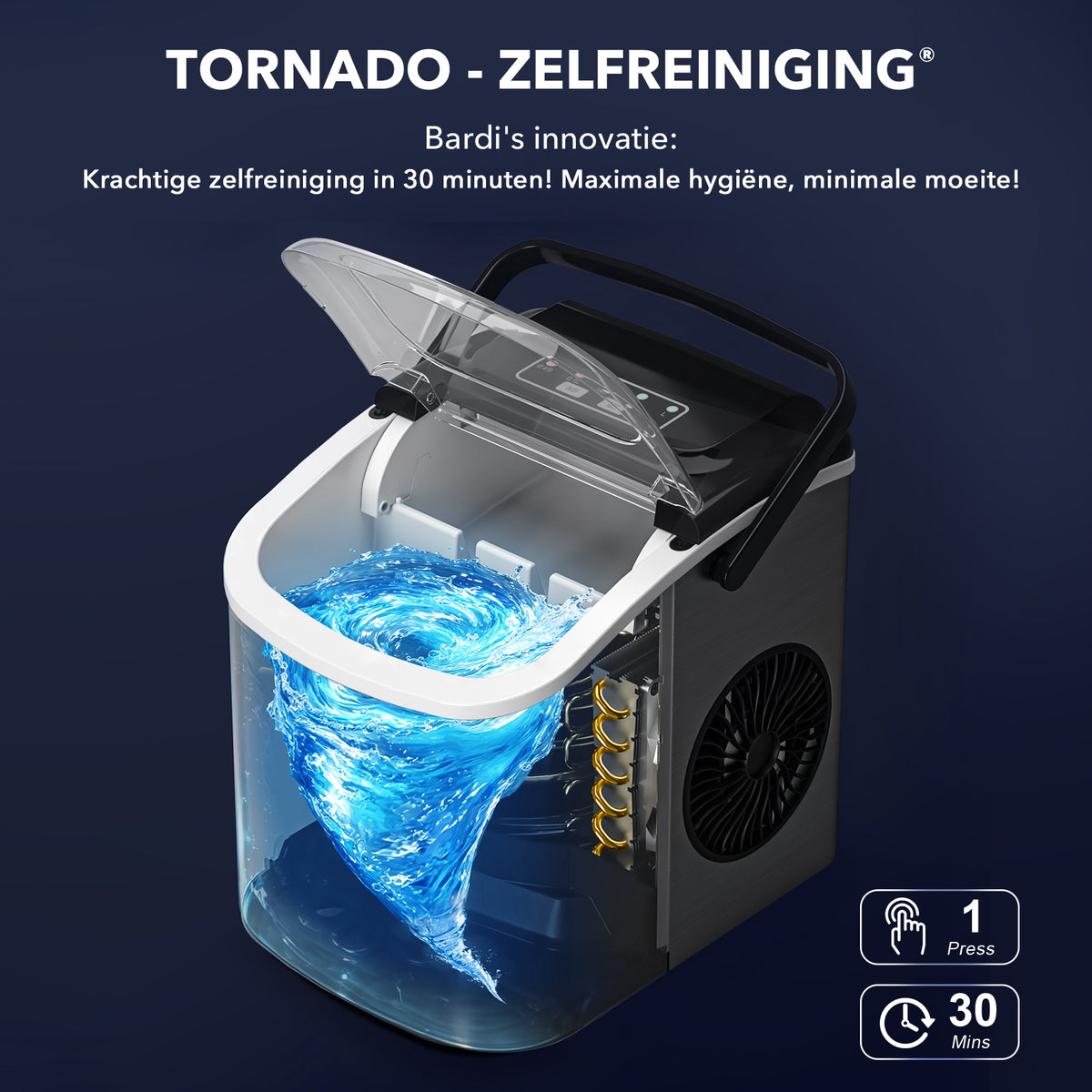 Bardi 1.2L Deluxe IJsblokjesmachine – IJsblokmaker Inclusief Luxe Thermosbeker en IJsschep – 9 Blokjes in 8 Minuten – Gunmetal Zwart