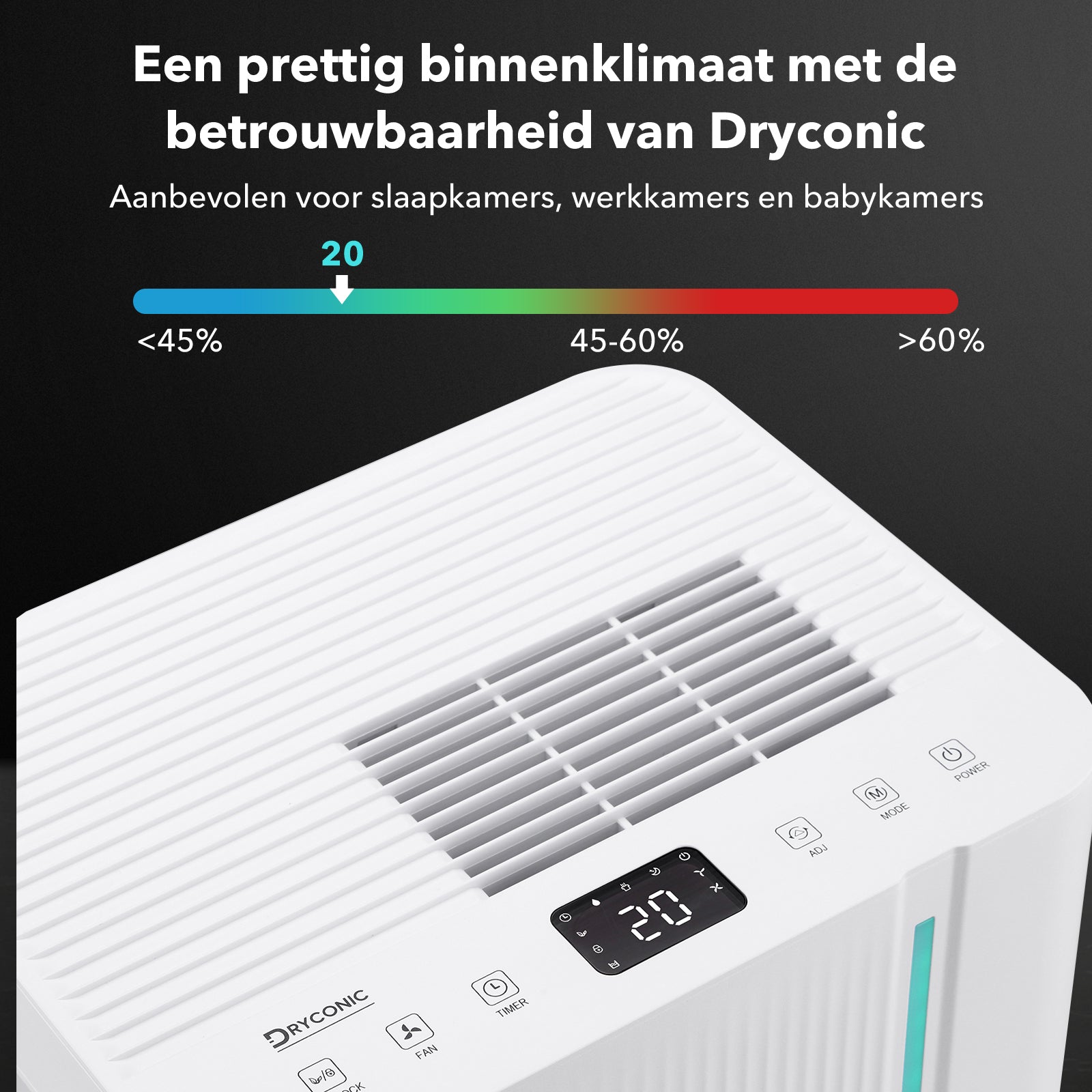 Dryconic Luchtontvochtiger 20L - automatische vochtregeling - 4L tank - drainage - krachtige ontvochtiging