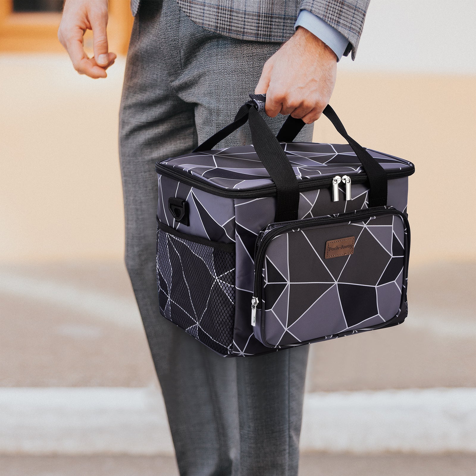 Cooler bag 15L abstract grey and black - lunch bag - 4-layer insulated - foldable - incl. 2 free cooling elements and carrying strap
