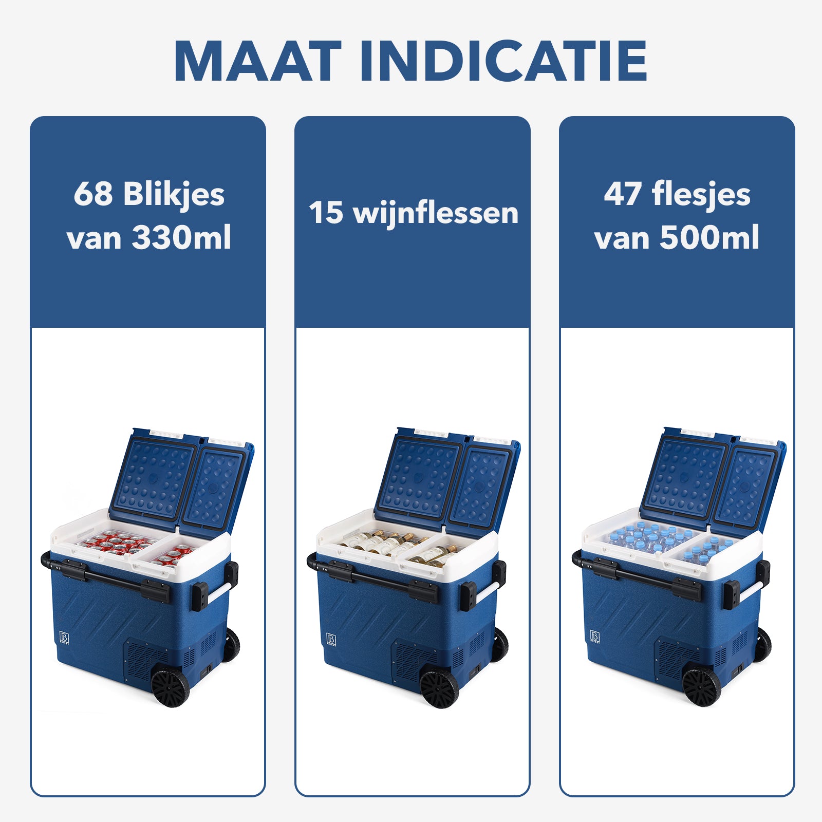 Compressor koelbox 58,1L en 8L koelbox blauw SET - Dual zone - koelen en vriezen - 12V en 230V - verrijdbaar - incl. 2x 1,2L thermosbekers