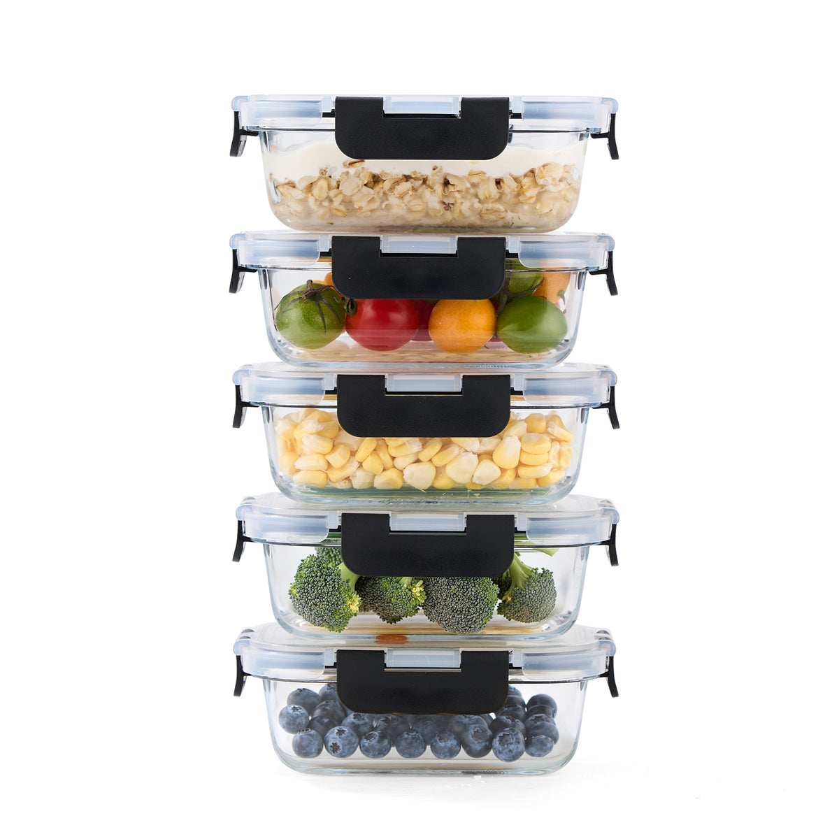 Bardi 5-delige set glazen vershoudbakjes 1060ml - oven- magnetron- en vriezerbestendig, incl. 10 wondersponsen