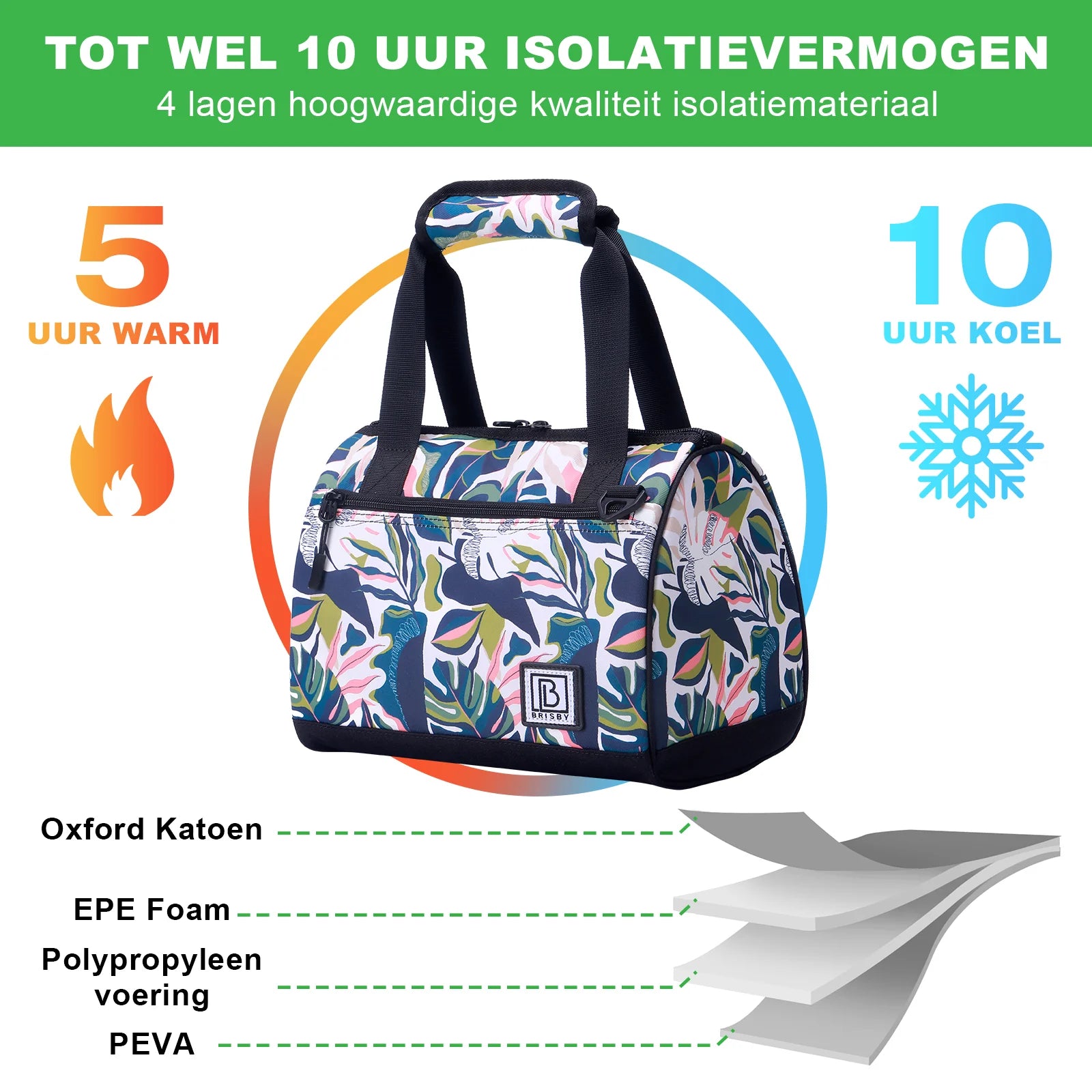 Koeltas 10L botanic garden - Lunchtas - 4-laags geïsoleerd - 2 gratis koelelementen - incl. schouderband