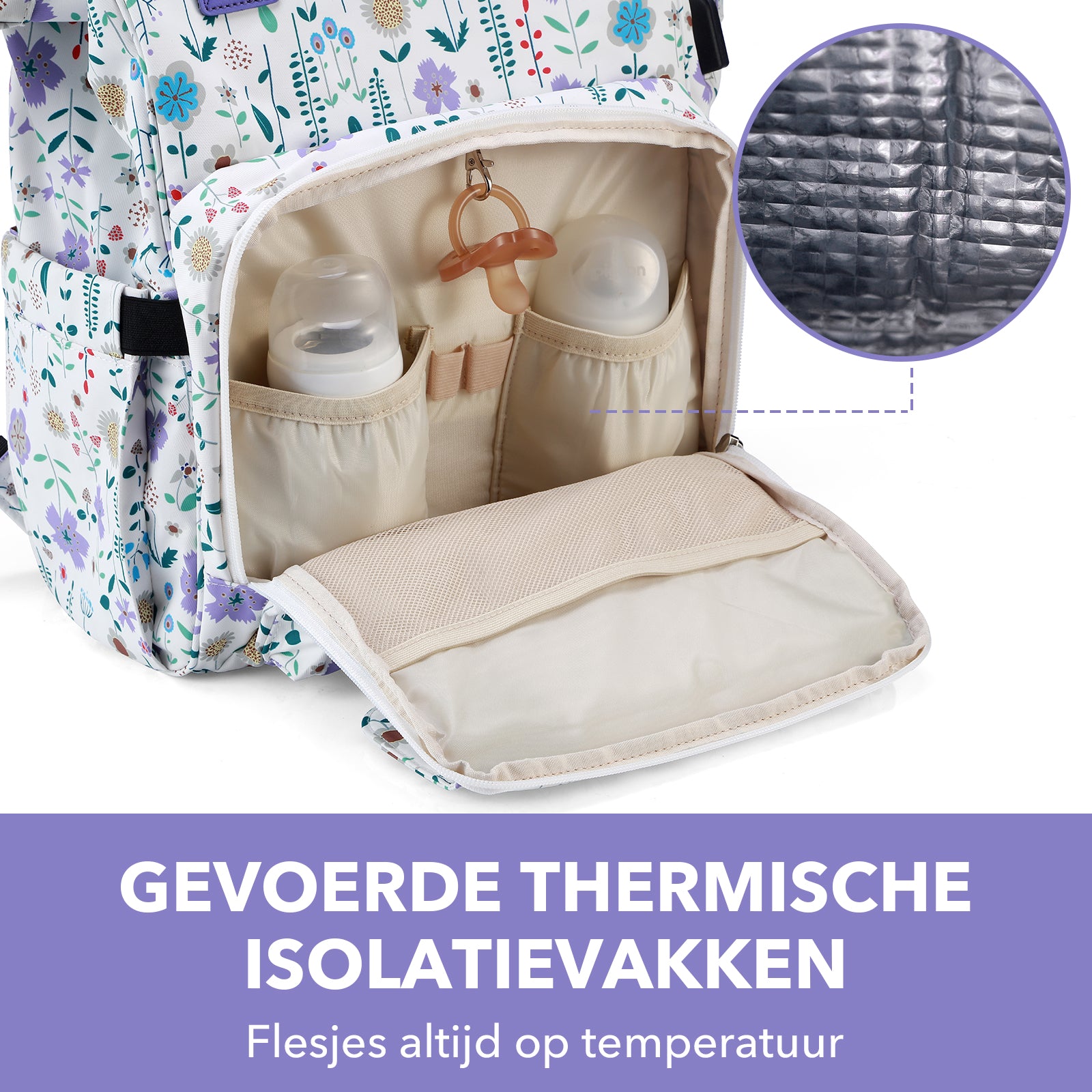 Stayopen luiertas purple flower - Verzorgingstas - stay-open frame - USB oplaadfunctie - incl. buggymontage en verschoonmat