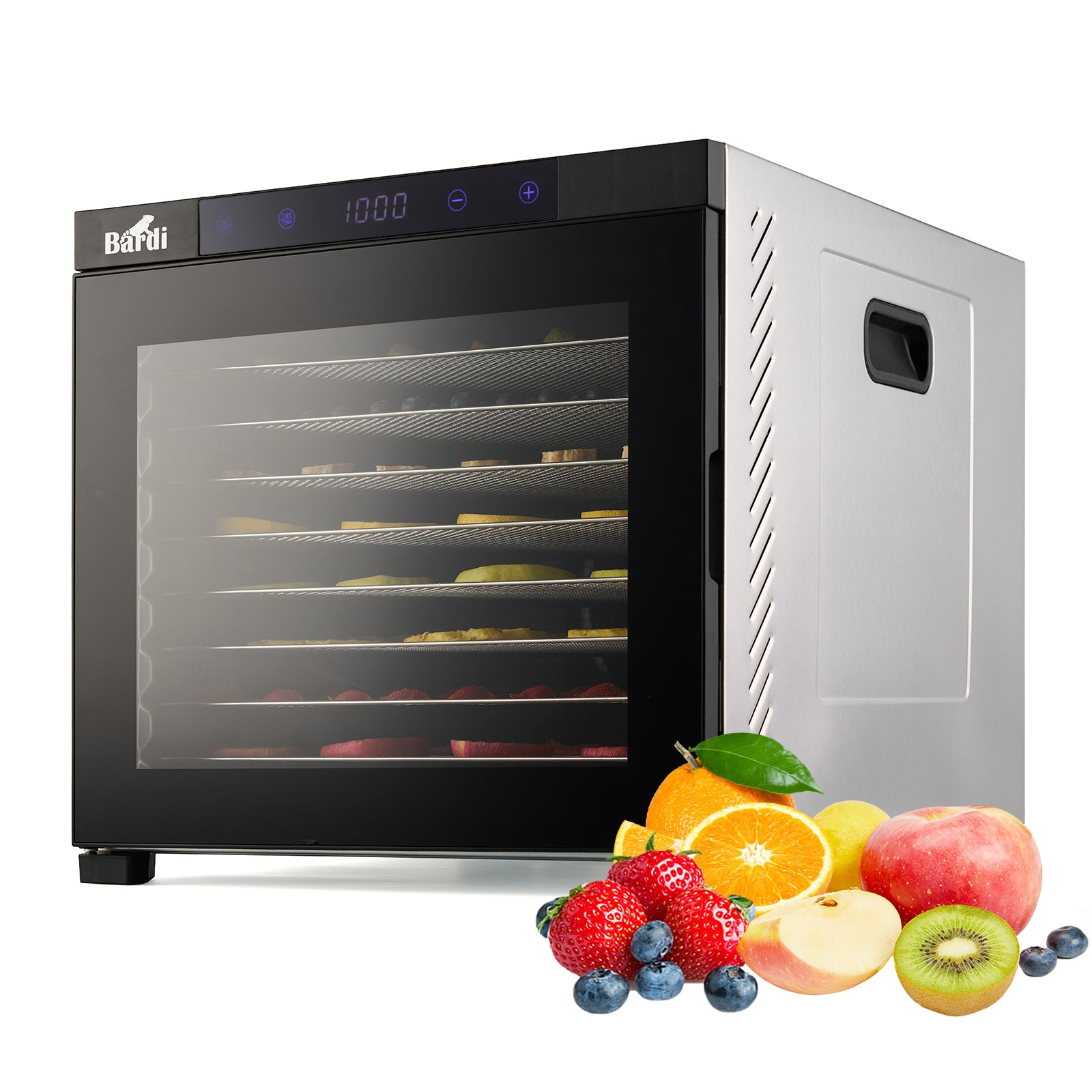 Bardi Voedseldroger 10-laags 1000W RVS - 24-uurs timer - led-bedieningspaneel - incl. 10 inlegvellen en voedseltang