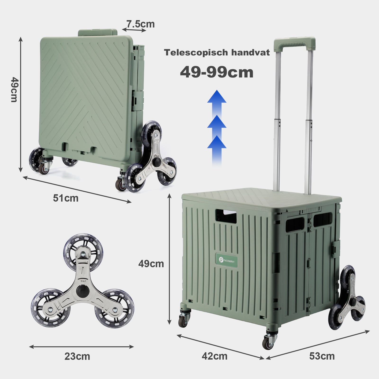 Shopping trolley 50L XL with green pedal wheels - shopping crate - 35 kg load capacity - with lid and telescopic handle