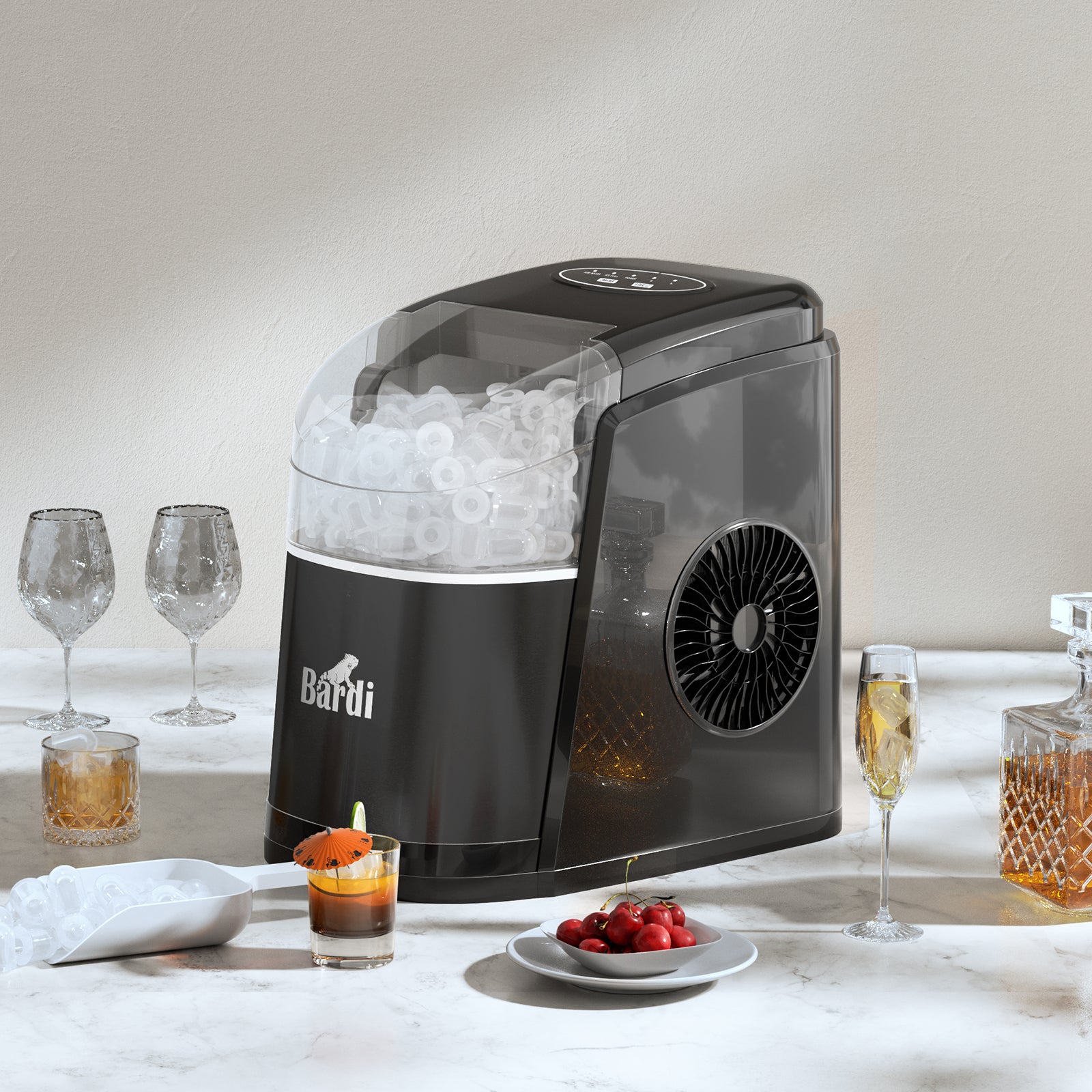 Bardi Deluxe Ice Cube Machine 1.6L black - Self-cleaning function - ice cube maker with ice scoop - Incl. luxury thermos cup and ice scoop
