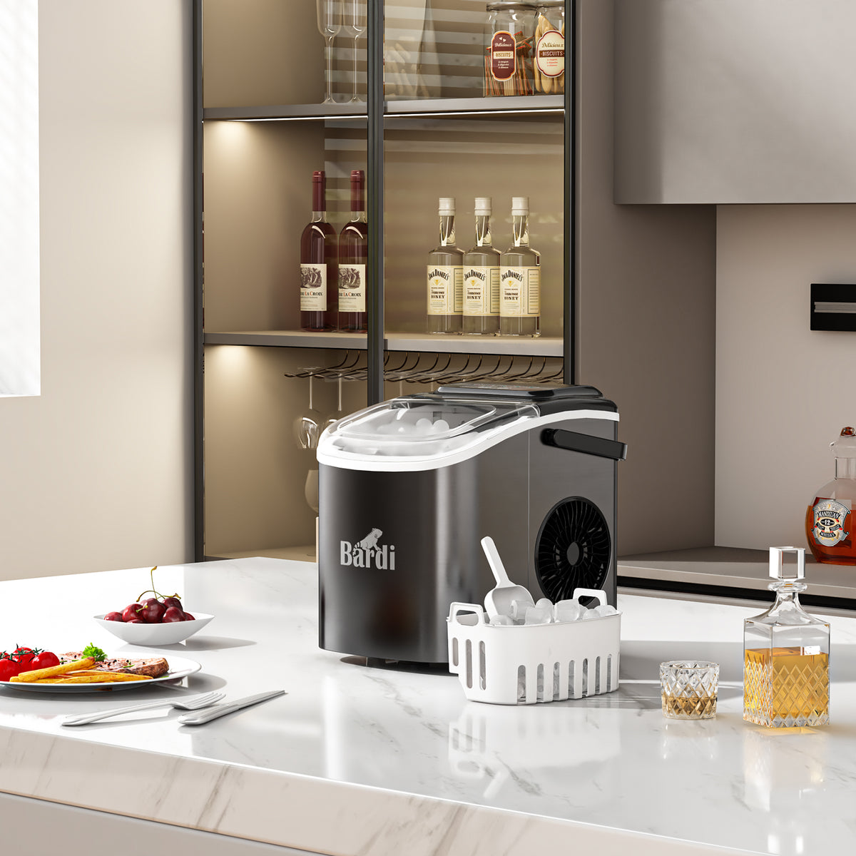 Bardi 1.2L Deluxe IJsblokjesmachine – IJsblokmaker Inclusief Luxe Thermosbeker en IJsschep – 9 Blokjes in 8 Minuten – Gunmetal Zwart