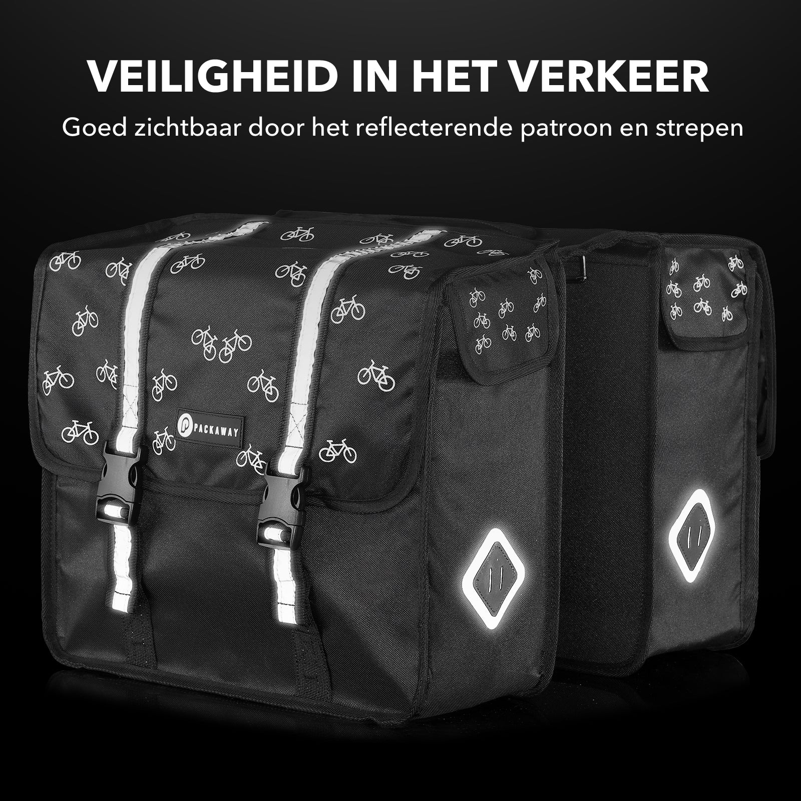 Packaway Double Panniers with Cooler Compartment - Removable Cooler Bag - Waterproof - Bicycle Pattern - 36L - Black