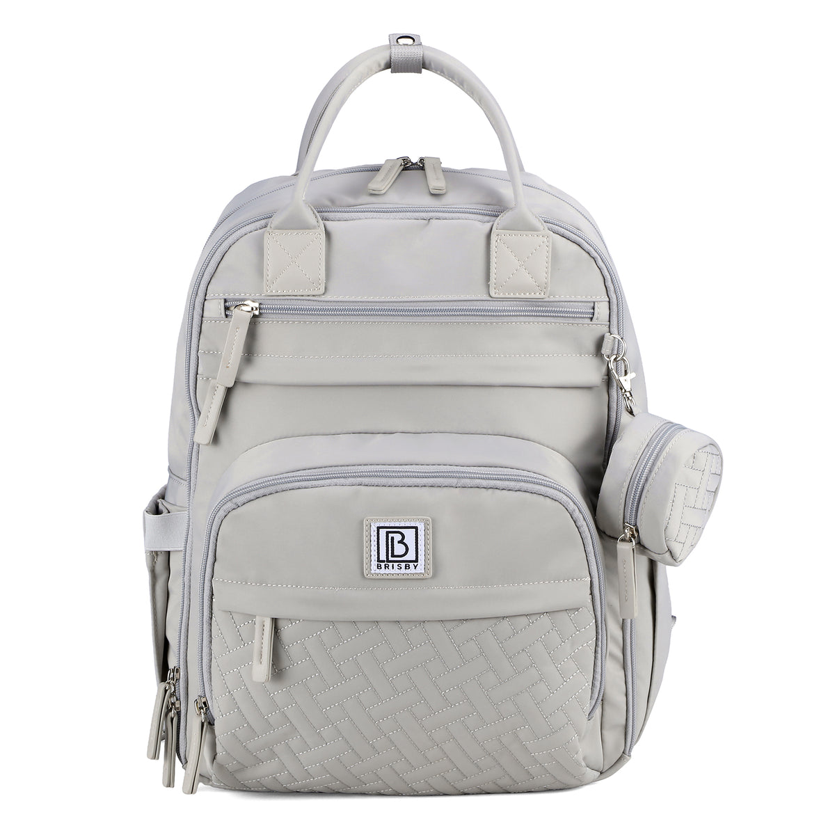Brisby Premium Luiertas – Uitgebreide en Functionele Verzorgingstas – met buggymontage – Anti Diefstal Vakken - Reistrolley Sleeve - Inclusief verschoonmatje t.w.v.15,99 euro en speenhouder - Levenslange Garantie -Modern Grey