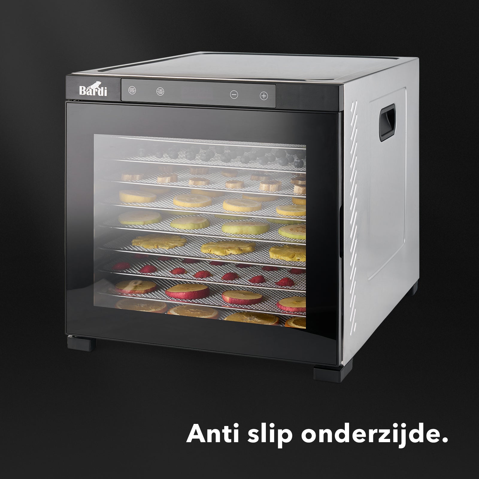 Bardi Voedseldroger 10-laags 1000W RVS - 24-uurs timer - led-bedieningspaneel - incl. 10 inlegvellen en voedseltang