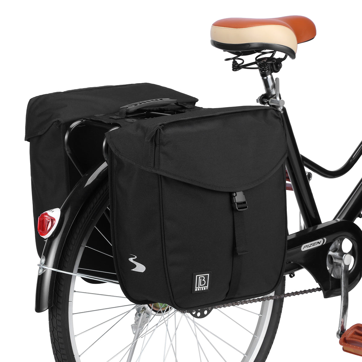Brisby Dubbele Fietstas 34 Liter – Voor Gewone en Elektrische Fiets – Waterafstotend Polyester – Met Trekkoord, Gespsluiting en Reflectie – Zwart