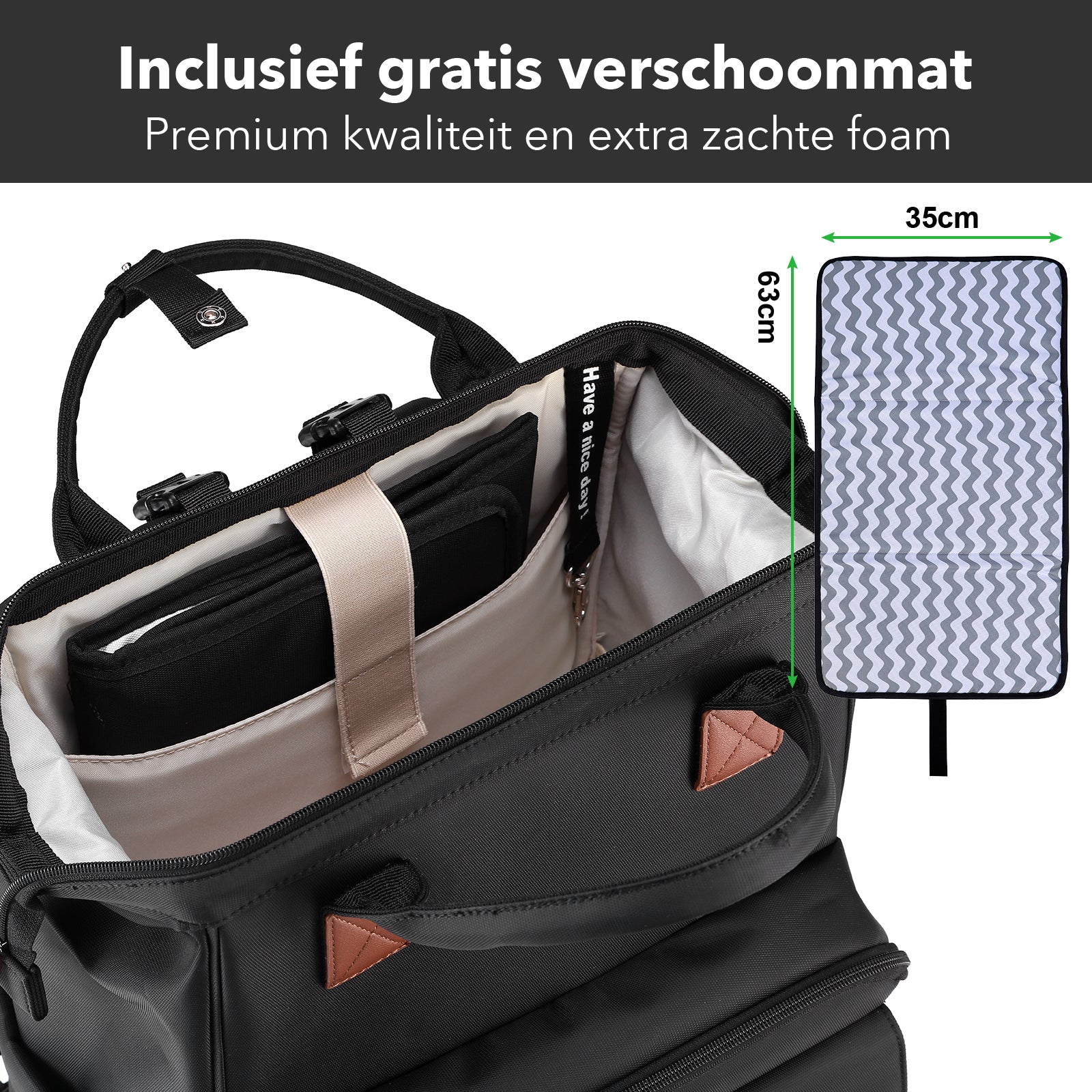 Stayopen luiertas zwart - Verzorgingstas - stay-open frame - USB oplaadfunctie - incl. buggymontage en verschoonmat