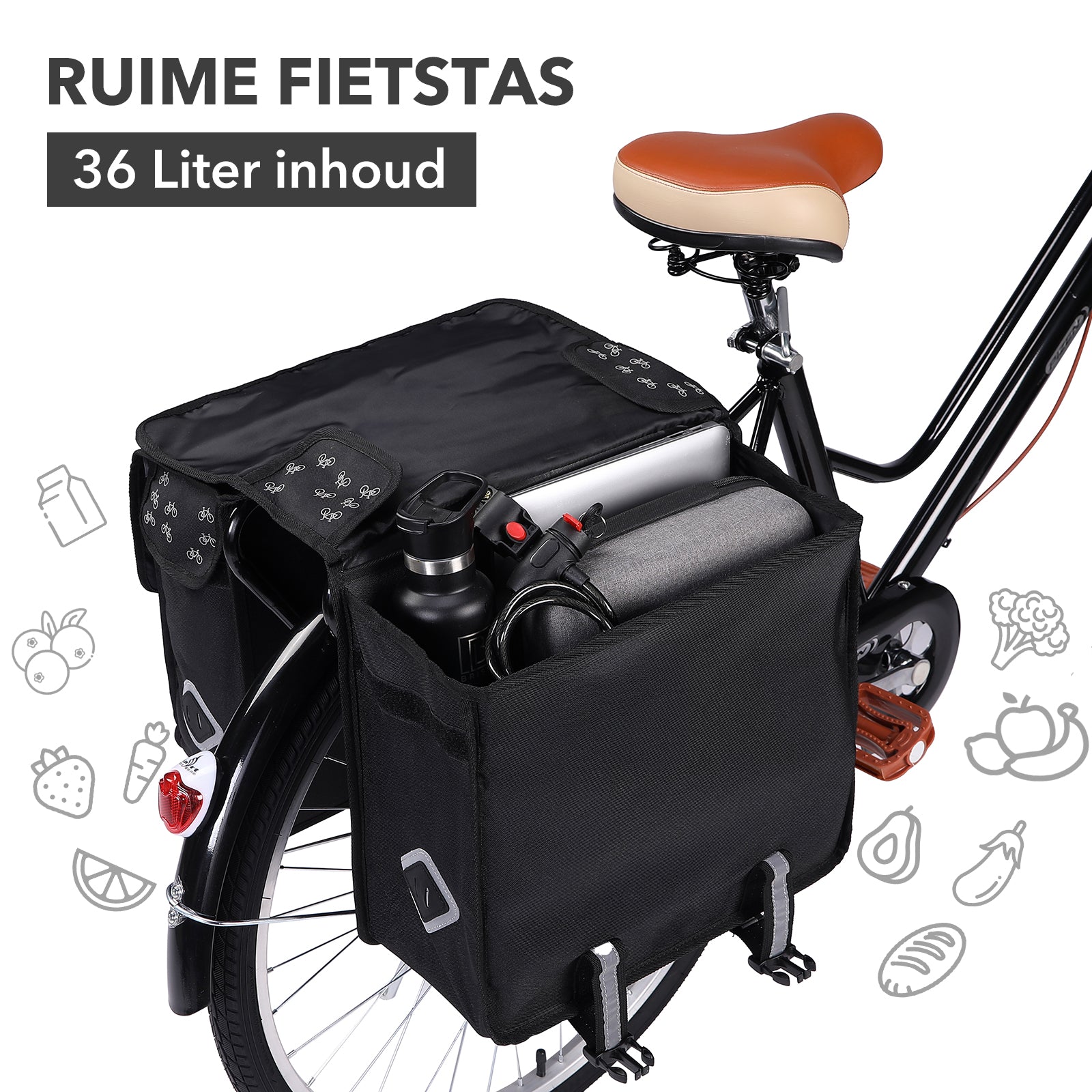 Packaway Dubbele Fietstassen 36L fietspatroon - waterdicht - reflectie