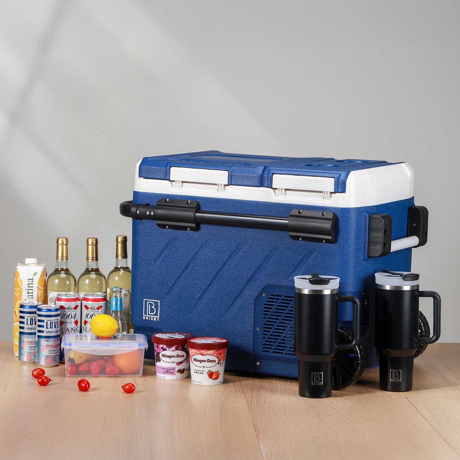 Compressor koelbox 49,1L en 8L koelbox blauw SET - Dual zone - koelen en vriezen - 12V en 230V - verrijdbaar - incl. 2x 1,2L thermosbekers