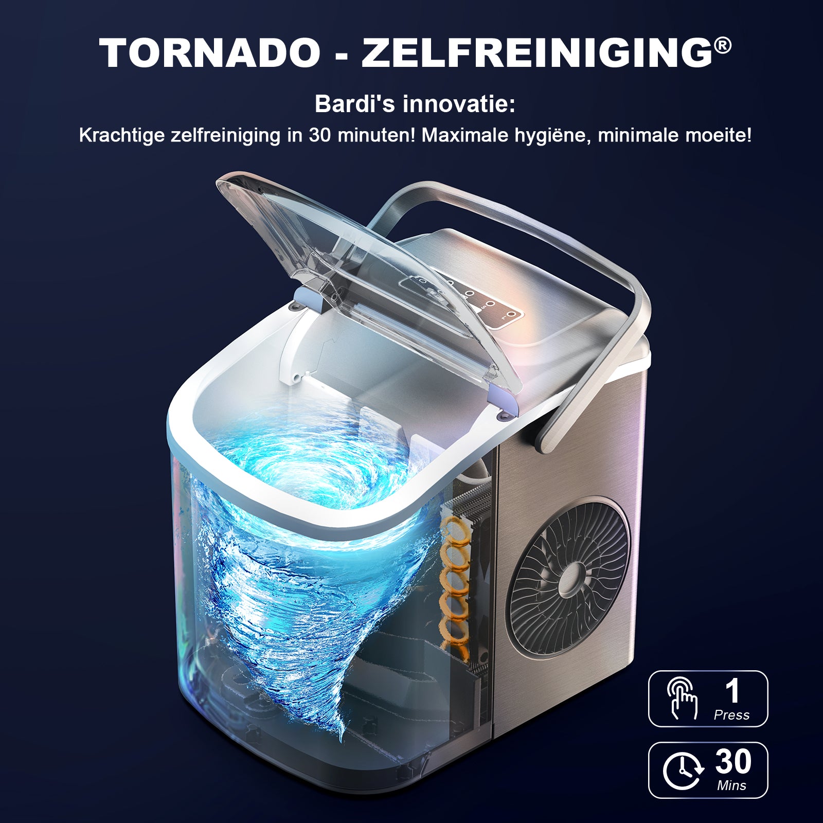 Bardi Deluxe Ice Cube Machine 1.2L Stainless Steel - Self-cleaning function - Ice cube maker with ice scoop - Incl. luxury thermos cup and ice scoop