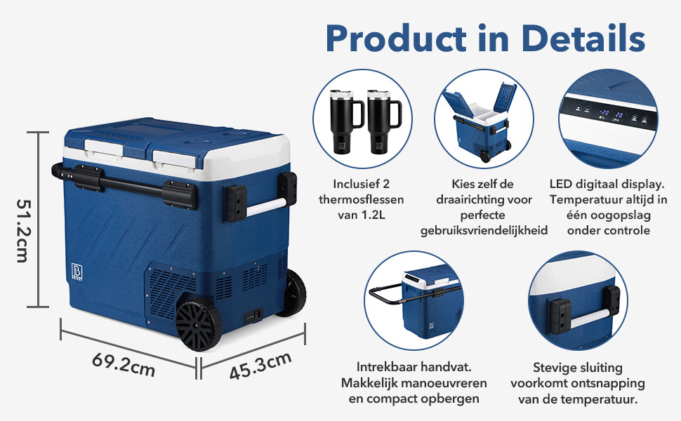 Compressor koelbox 58,1L en 8L koelbox blauw SET - Dual zone - koelen en vriezen - 12V en 230V - verrijdbaar - incl. 2x 1,2L thermosbekers