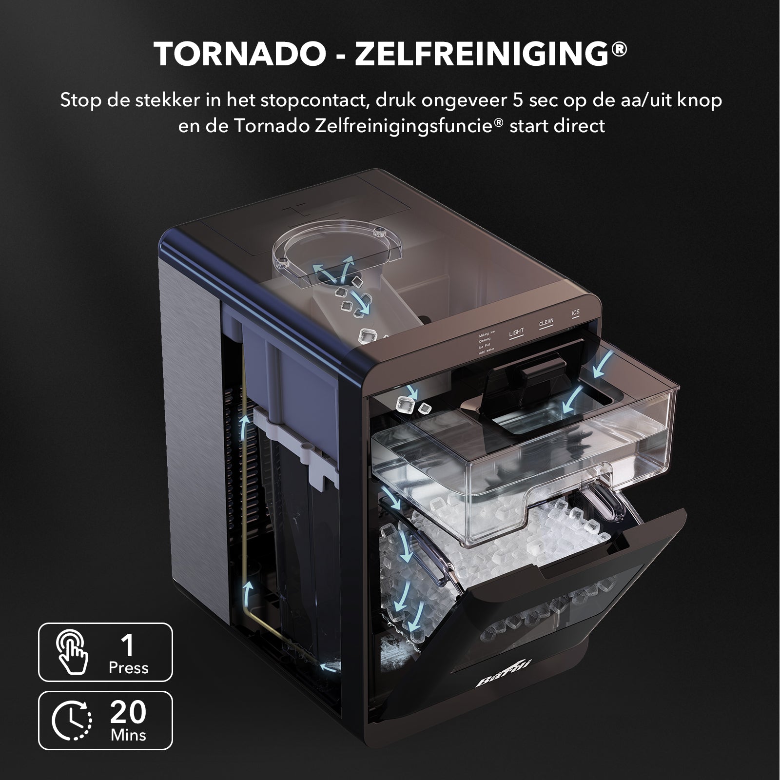Bardi 1,8L Deluxe Ijsblokjesmachine Zwart - Crushed ICE machine - Nugget IJsblokjesmachine - LED Verlichting - 20Kg/24 uur. inclusief Thermosbeker - RVS/ZWART met citruspers ZWART