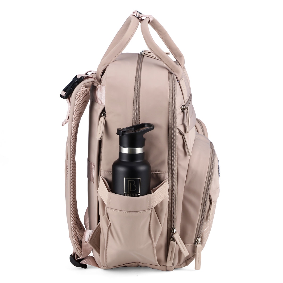 Brisby Premium Luiertas – Uitgebreide en Functionele Verzorgingstas – met buggymontage – Anti Diefstal Vakken - Reistrolley Sleeve - Inclusief verschoonmatje t.w.v.15,99 euro en speenhouder - Levenslange Garantie - Muted Rosé