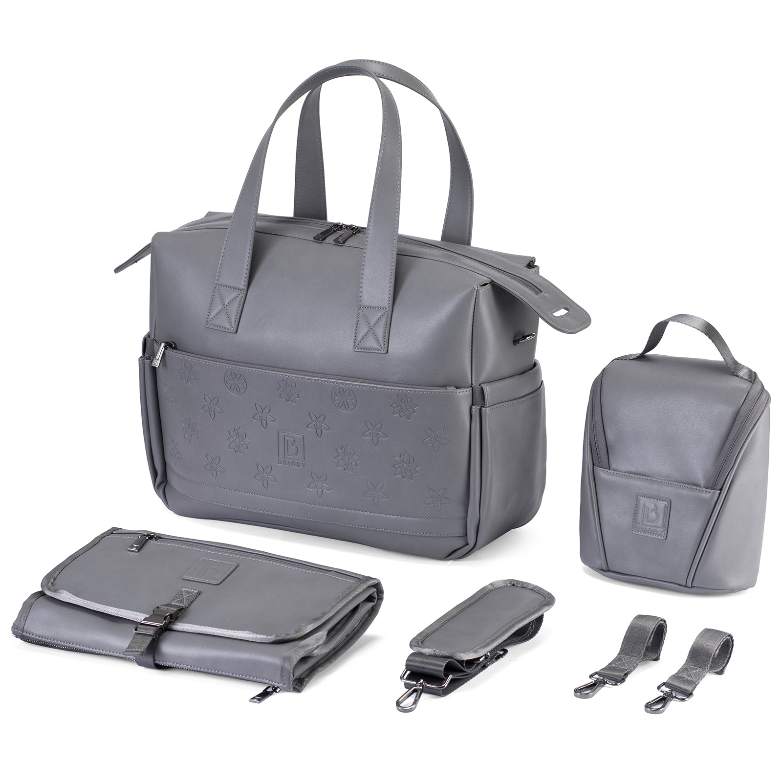 Venezia diaper bag and weekend bag set grey - PU leather - shoulder bag - wear-resistant - Incl. buggy/pram hooks, changing mat and cool bag