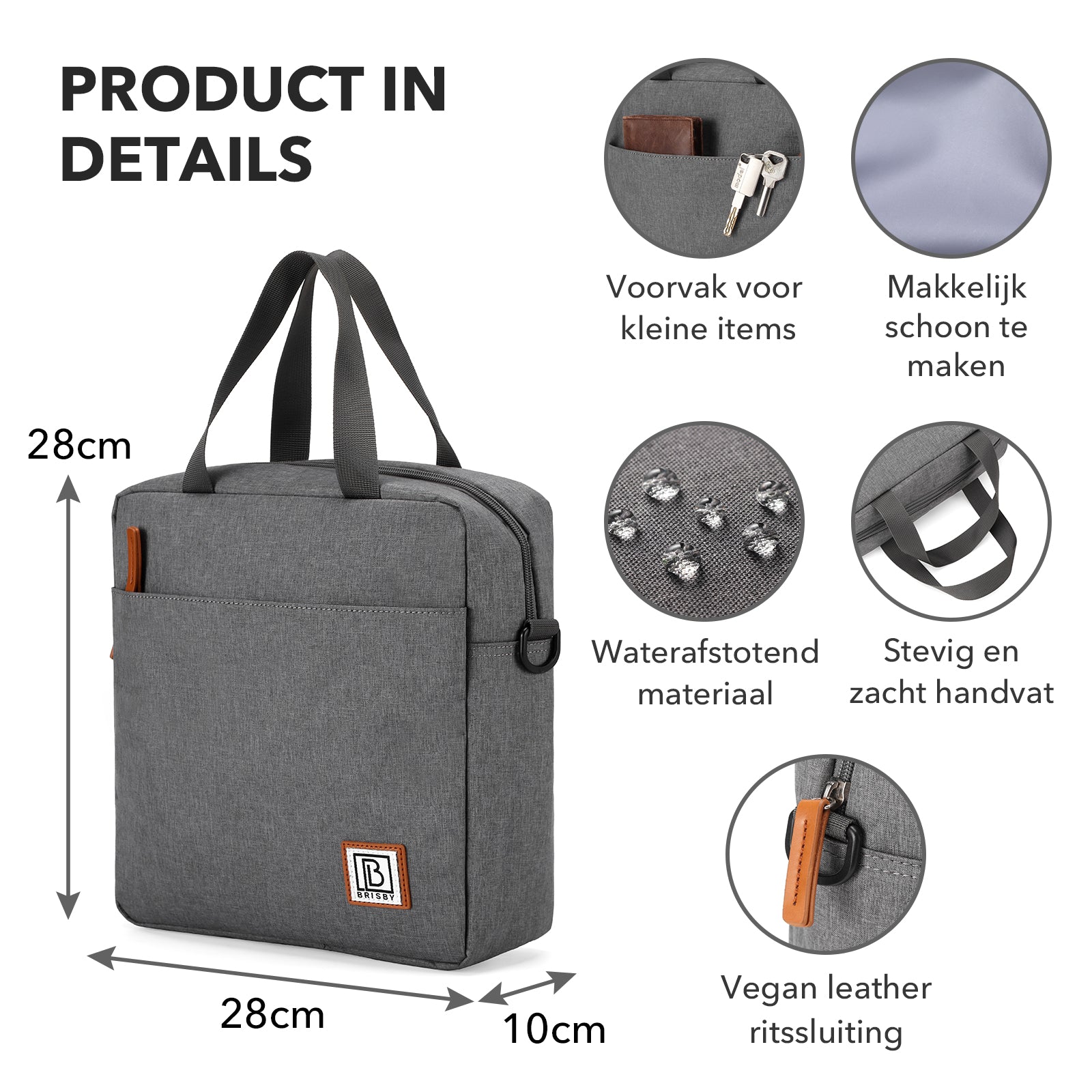 Brisby Koeltas Lunchtas 7L - Inclusief 2 Koelelementen & Schouderband - Donkergrijs