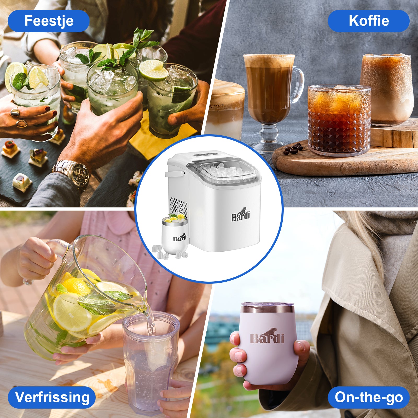 Bardi Deluxe Ice Cube Machine 1.2L white - Self-cleaning function - ice cube maker with ice scoop - Incl. luxury thermos cup and ice scoop