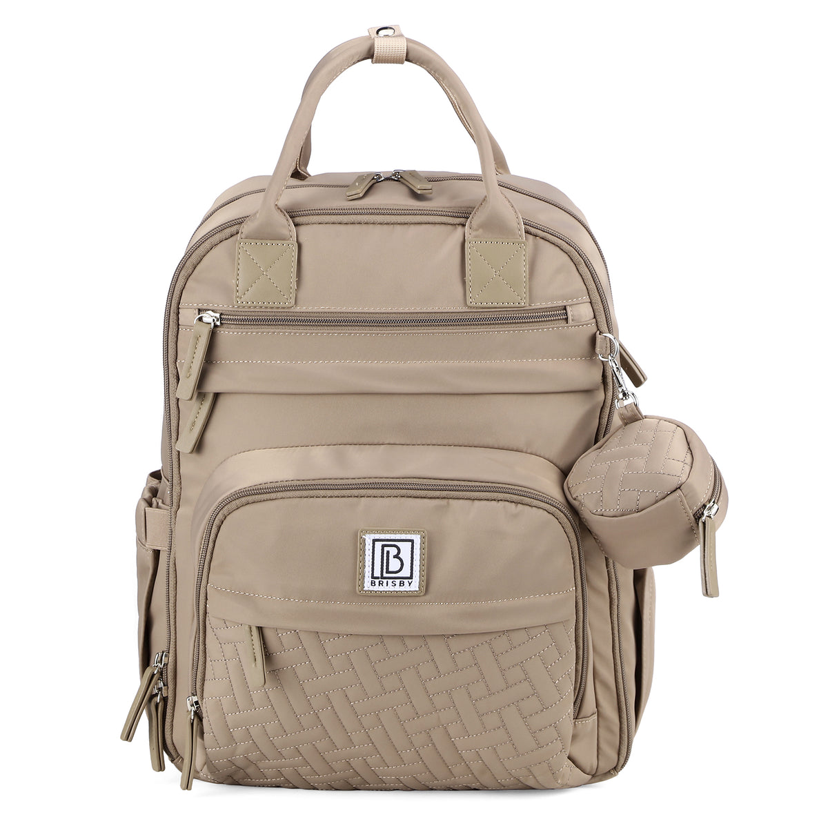 Brisby Premium Luiertas – Uitgebreide en Functionele Verzorgingstas – met buggymontage – Anti Diefstal Vakken - Reistrolley Sleeve - Inclusief verschoonmatje t.w.v.15,99 euro en speenhouder - Levenslange Garantie - Natural Greige