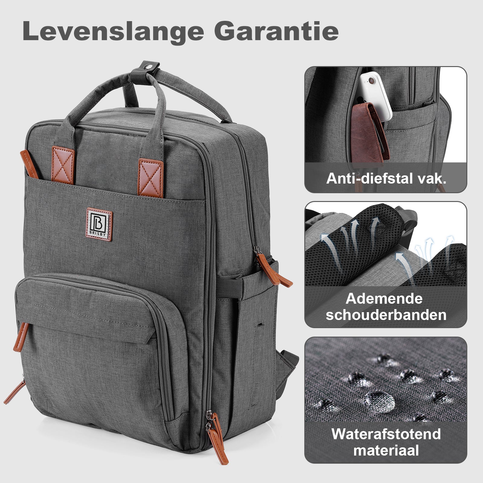 Brisby Rugzak voor Dames & Heren – Comfortabele, Waterafstotende Rugtas met Laptopvak, perfect als Schooltas, Werktas & voor op Reis. Geschikt als handbagage. Levenslange Garantie! - Donkergrijs