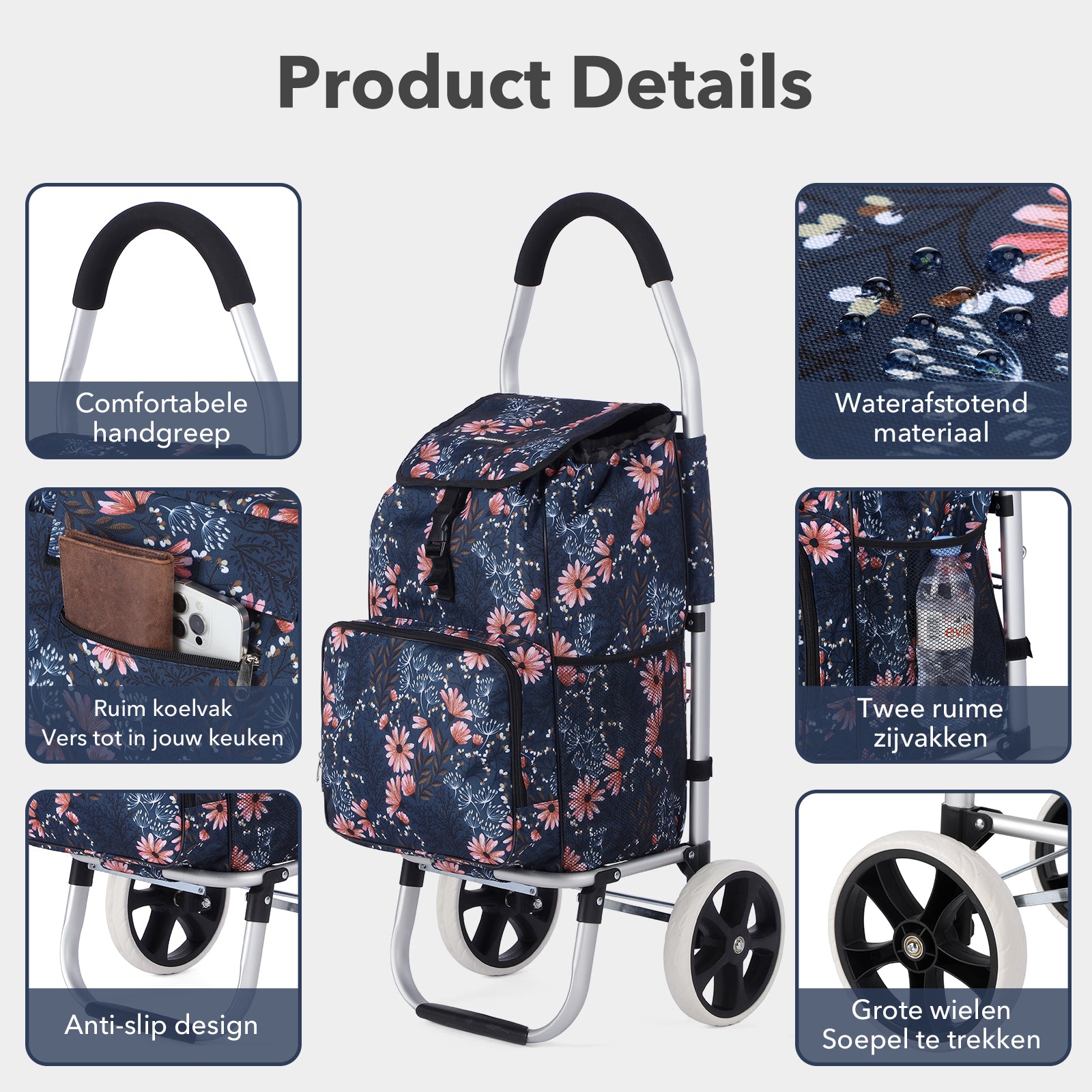 Packaway Boodschappentrolley 45L met Koelvak - Boodschappenwagen met Grote Wielen - Steekwagenfunctie - Waterafstotend - Japanese Flower