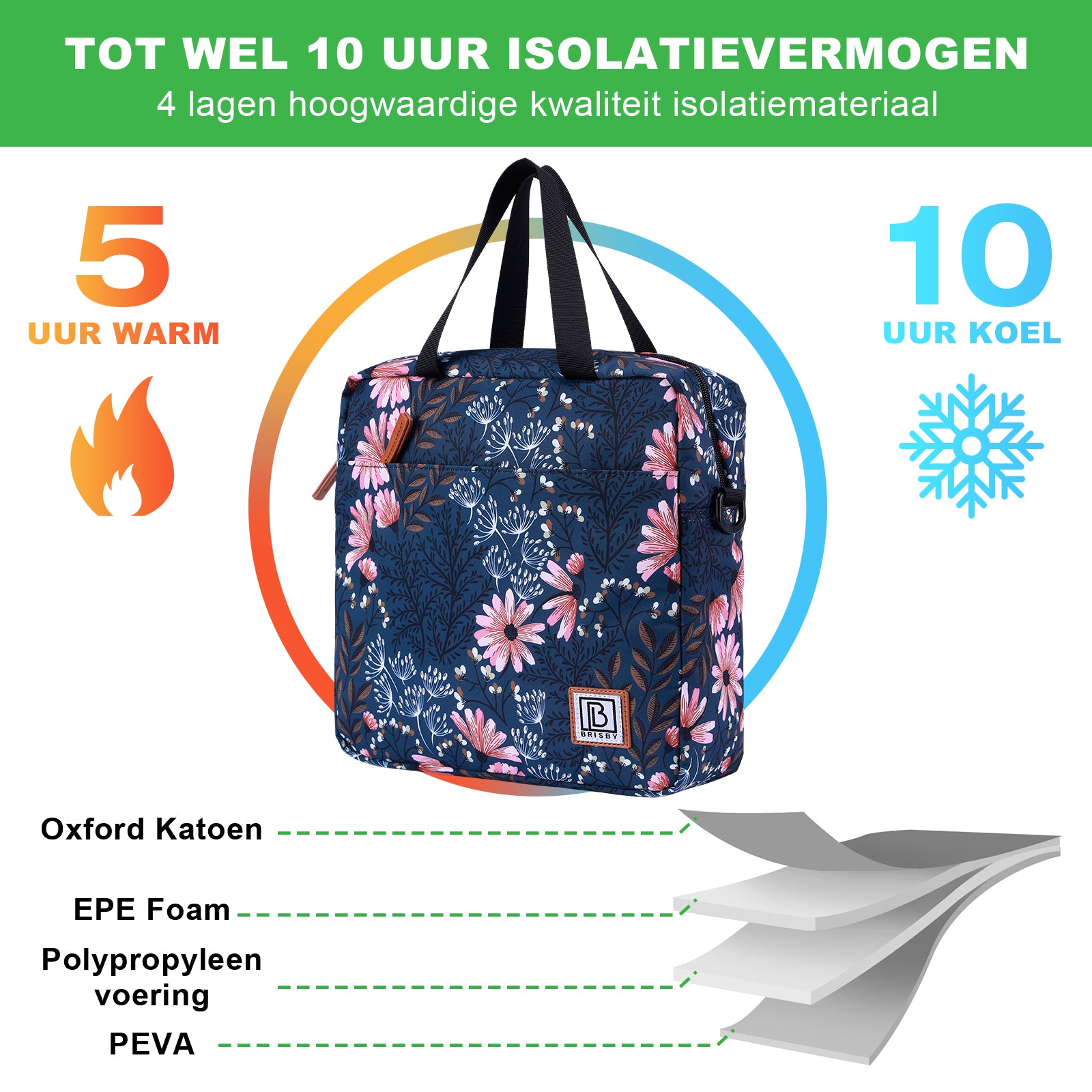 Cooler bag 7L Japanese flower - Lunch bag - 4-layer insulated - 2 free cooling elements - incl. shoulder strap