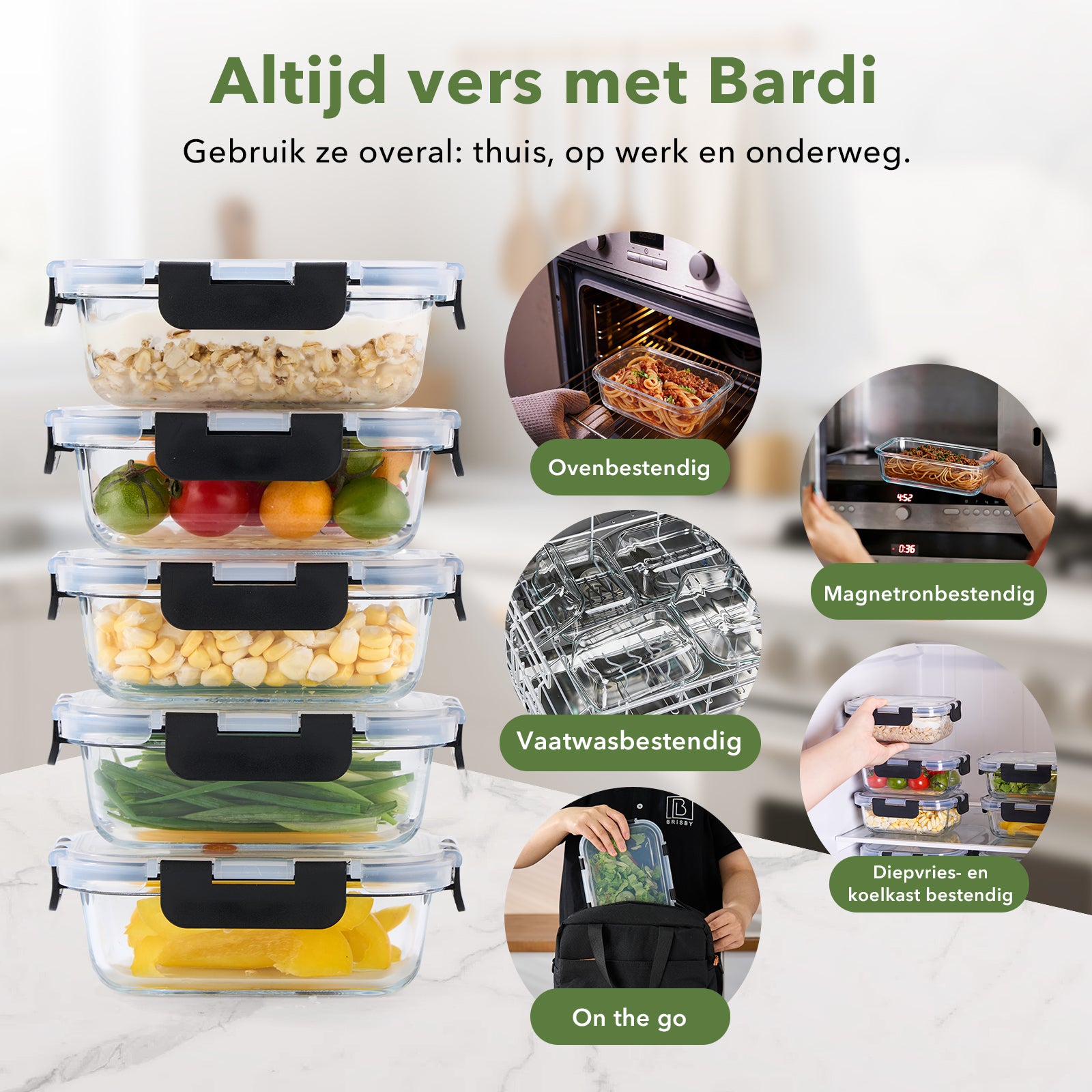 BARDI 5 Delige Glazen Meal Prep Bakjes Inclusief 10 Stuks Wonderspons - Glazen Vershoudbakjes - Glazen Opbergbakken - Diepvriesbakken - Luchtdicht - BPA Vrij - 1060ML - Glas - Zwarte Clips