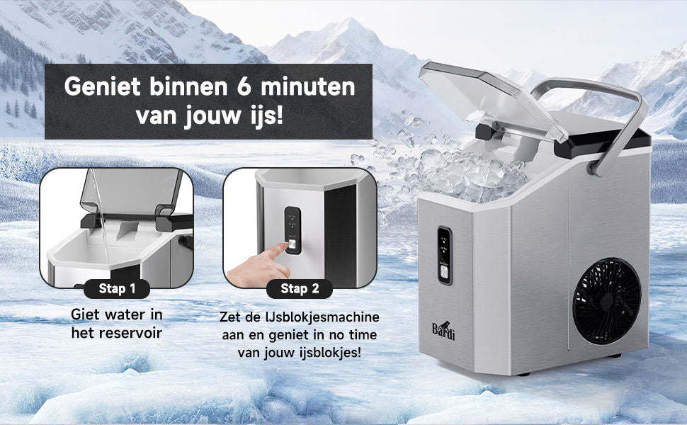 Bardi 1.1L - Nugget IJsblokjesmachine Square - Crushed Ice Maker met IJsschep - 15kg/24 uur - Ijsblokjesmaker - Met Luxe Thermosbeker - RVS met citruspers RVS