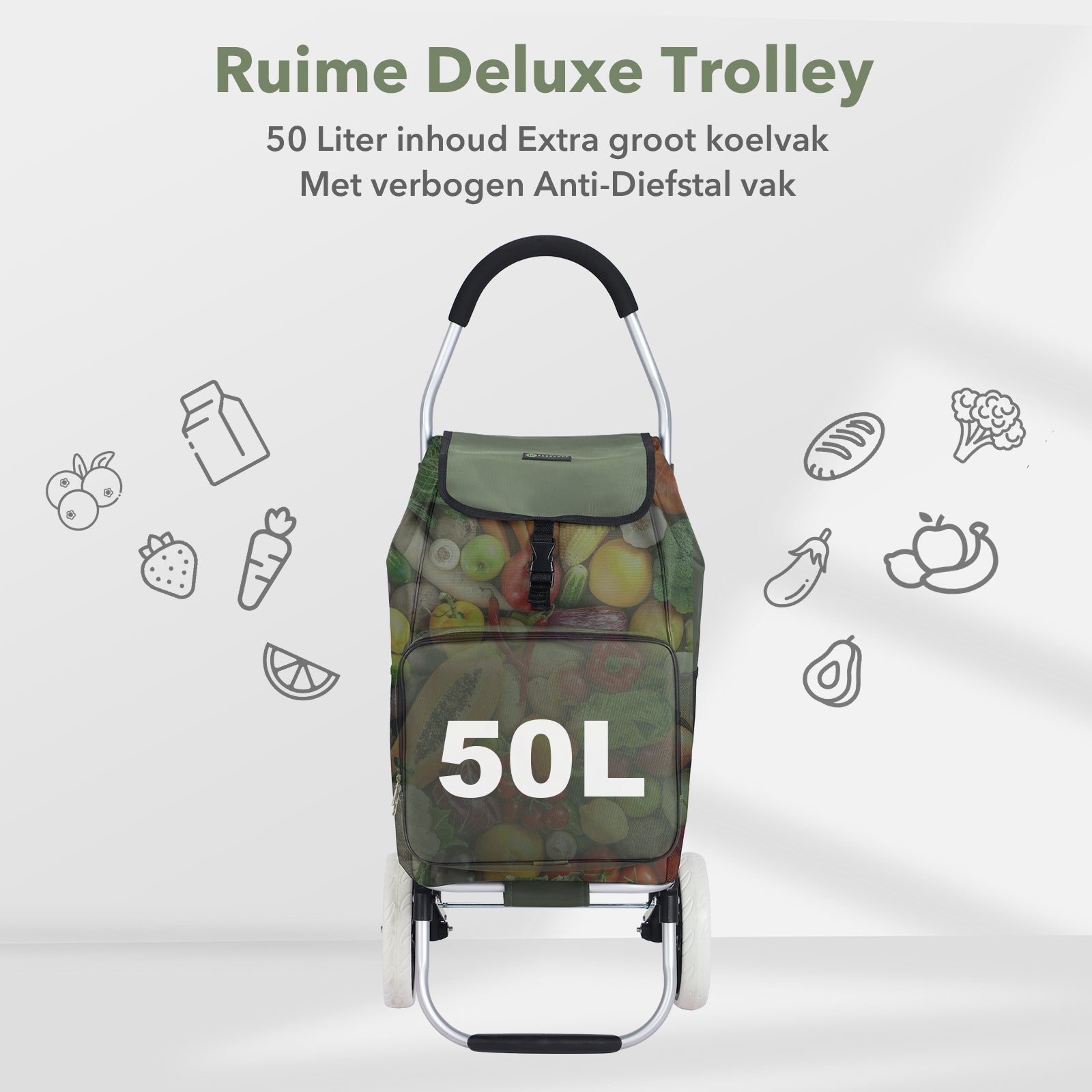 Boodschappentrolley Deluxe 50L met koelvak groen - boodschappenwagen - steekwagenfunctie