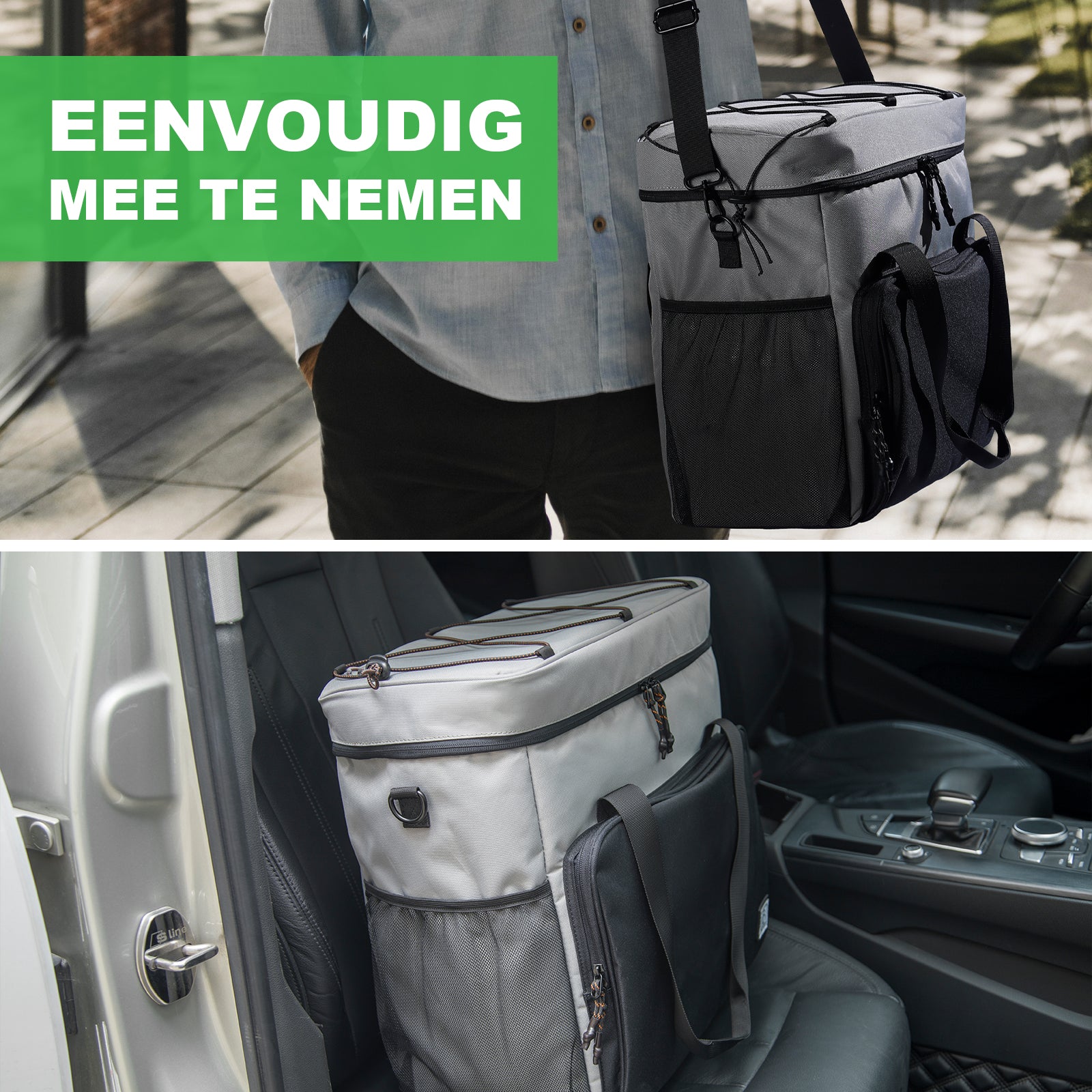 Koeltas 40L zwart/grijs met oranje binnenzijde - Lunchtas - 4-laags geïsoleerd - incl. 6 gratis koelelementen en schouderband