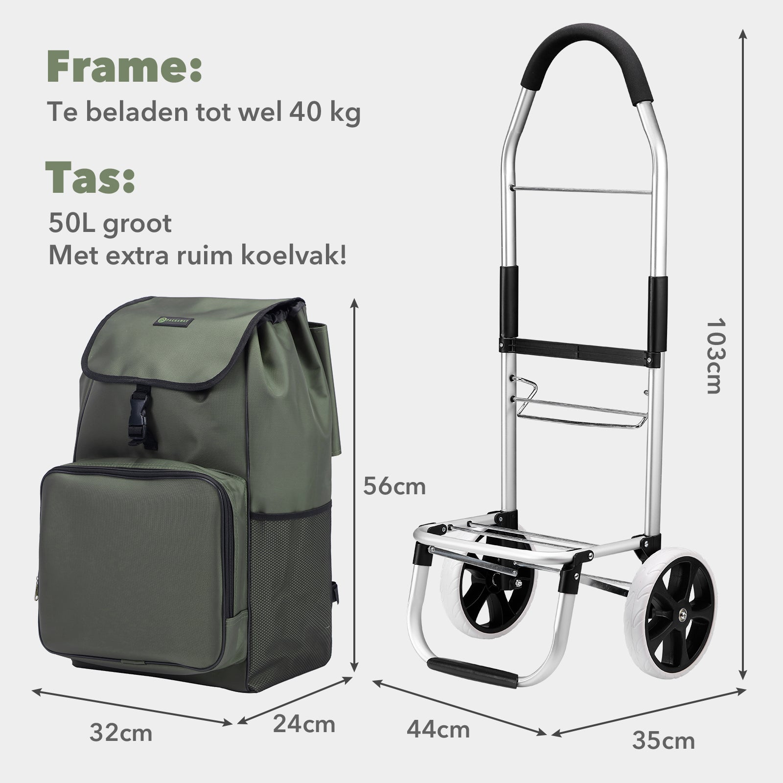 Boodschappentrolley Deluxe 50L met koelvak groen - boodschappenwagen - steekwagenfunctie