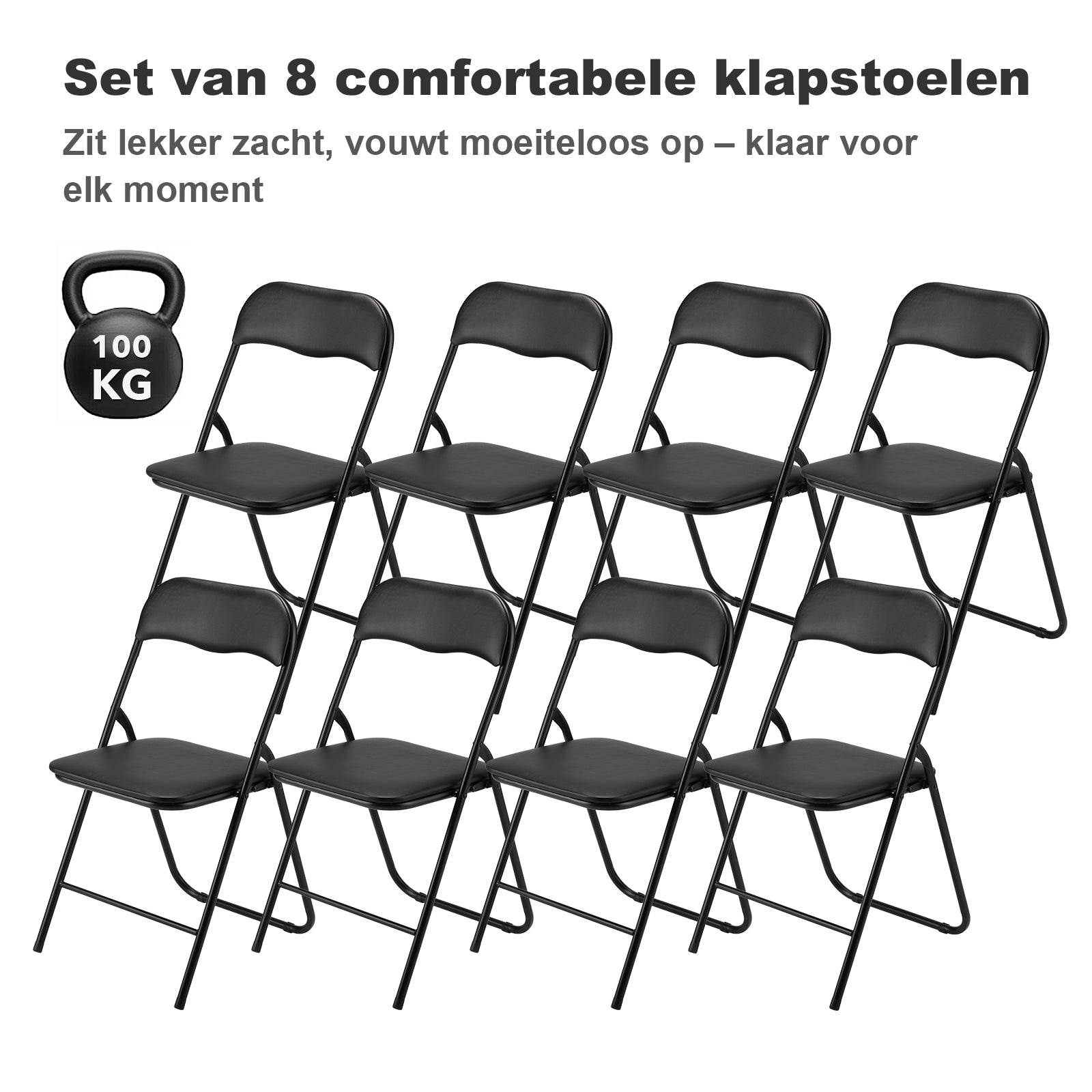 Bardi 8-delige Klapstoelen set PVC zwart - 100 kg draagvermogen